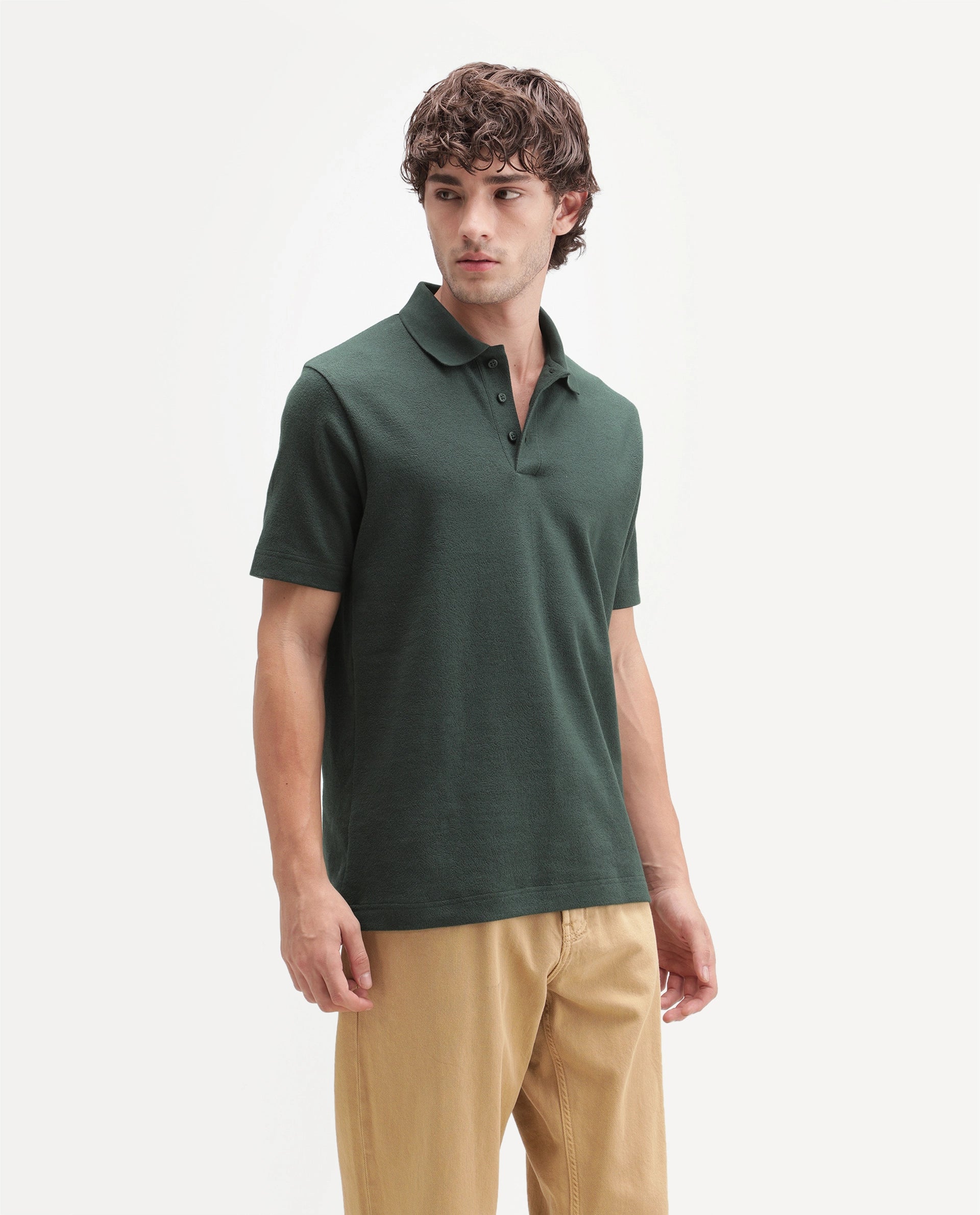 Rare Rabbit Men's Davin-P Dark Green Cotton Blend Spread Collar Regular Plain Polo