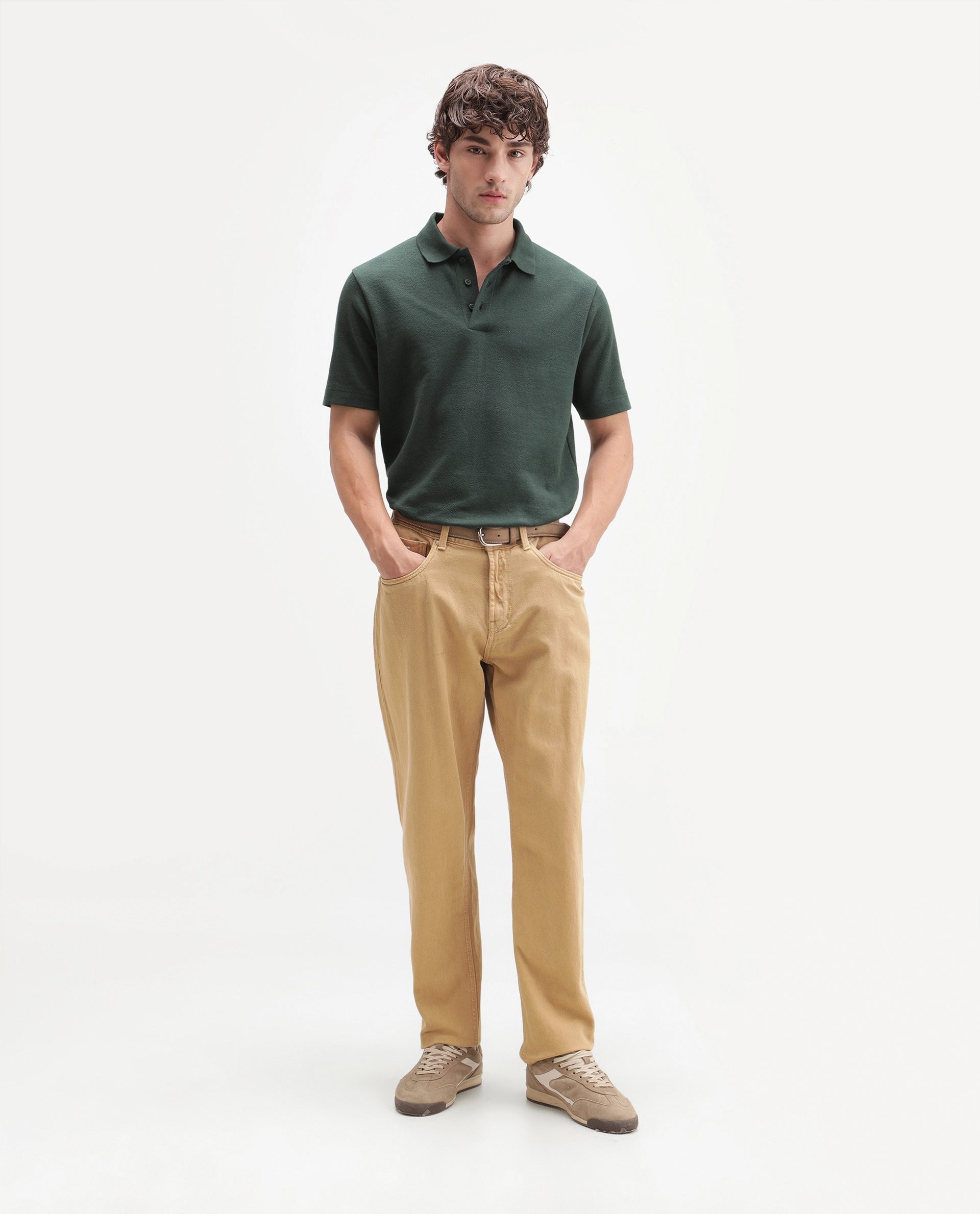 Rare Rabbit Men's Davin-P Dark Green Cotton Blend Spread Collar Regular Plain Polo