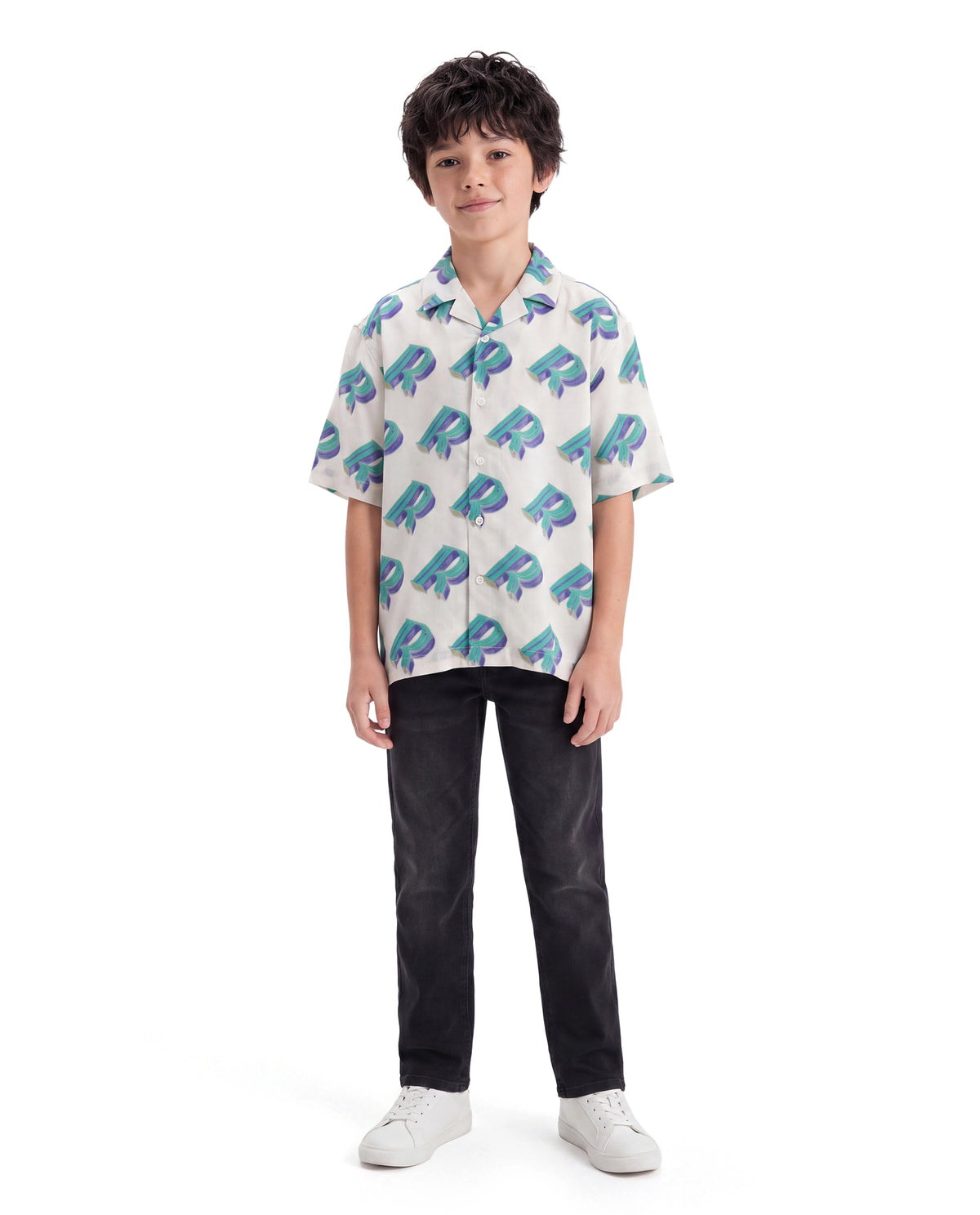 Rare Ones Kids Repo Off White Viscose Fabric Button Closure Regular Fit Monogram Print Shirt
