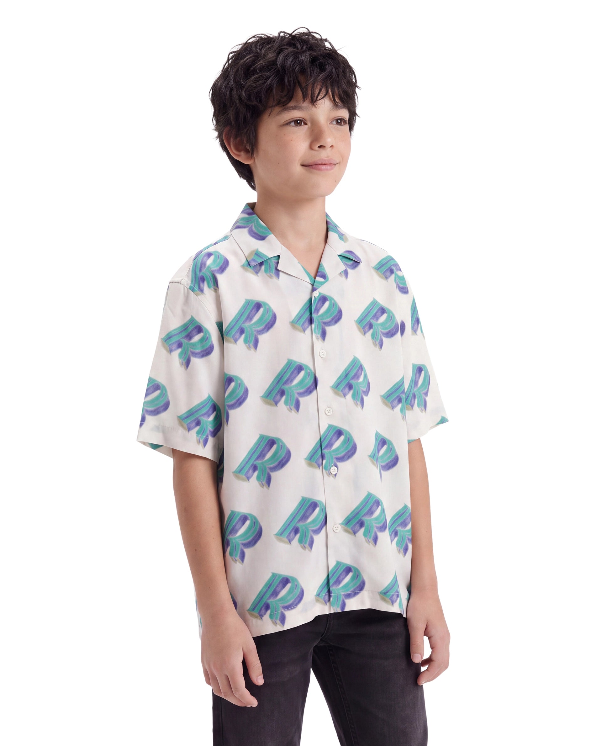 Rare Ones Kids Repo Off White Viscose Fabric Button Closure Regular Fit Monogram Print Shirt