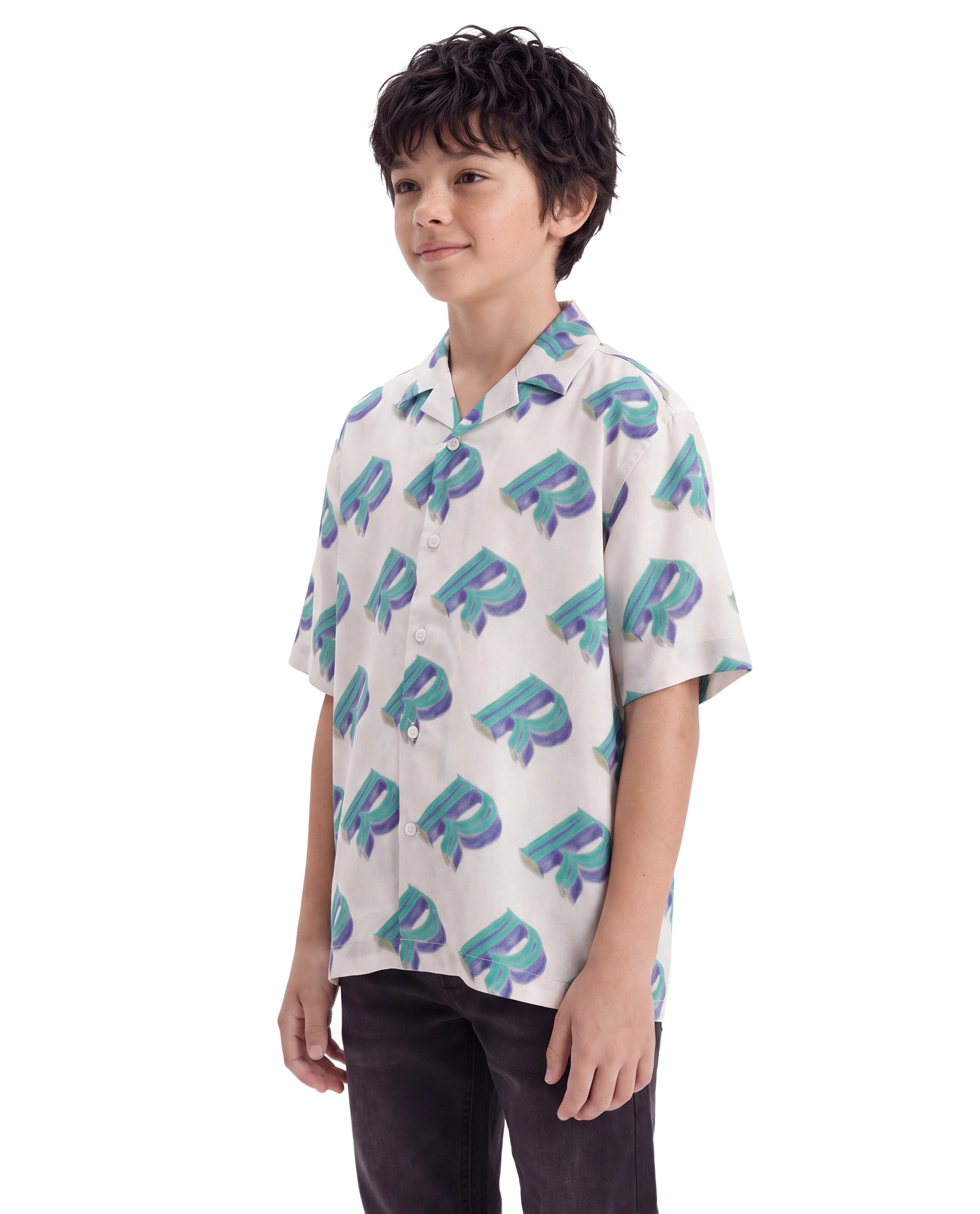 Rare Ones Kids Repo Off White Viscose Fabric Button Closure Regular Fit Monogram Print Shirt