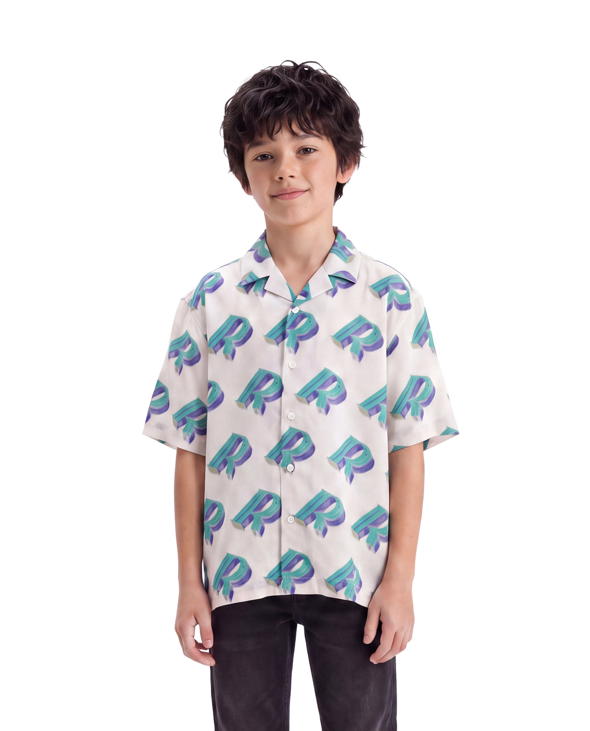 Rare Ones Kids Repo Off White Viscose Fabric Button Closure Regular Fit Monogram Print Shirt