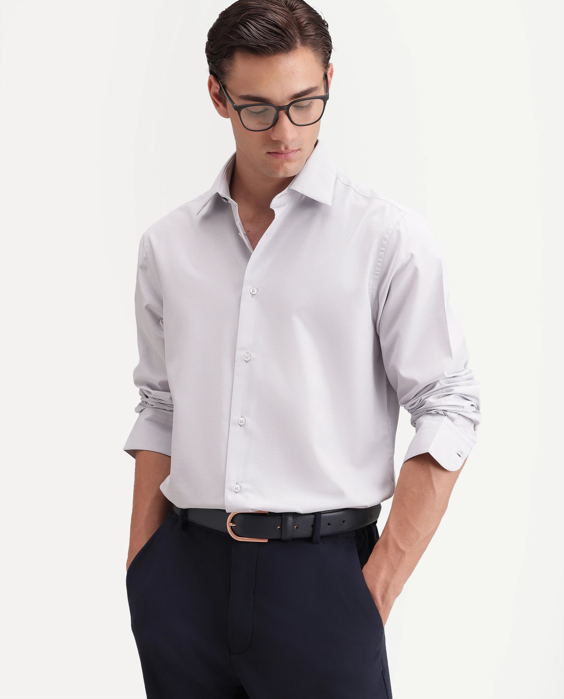 Rare Rabbit Men's Avyon Light Grey Polyester Blend Button Regular Fit Checked Shirt