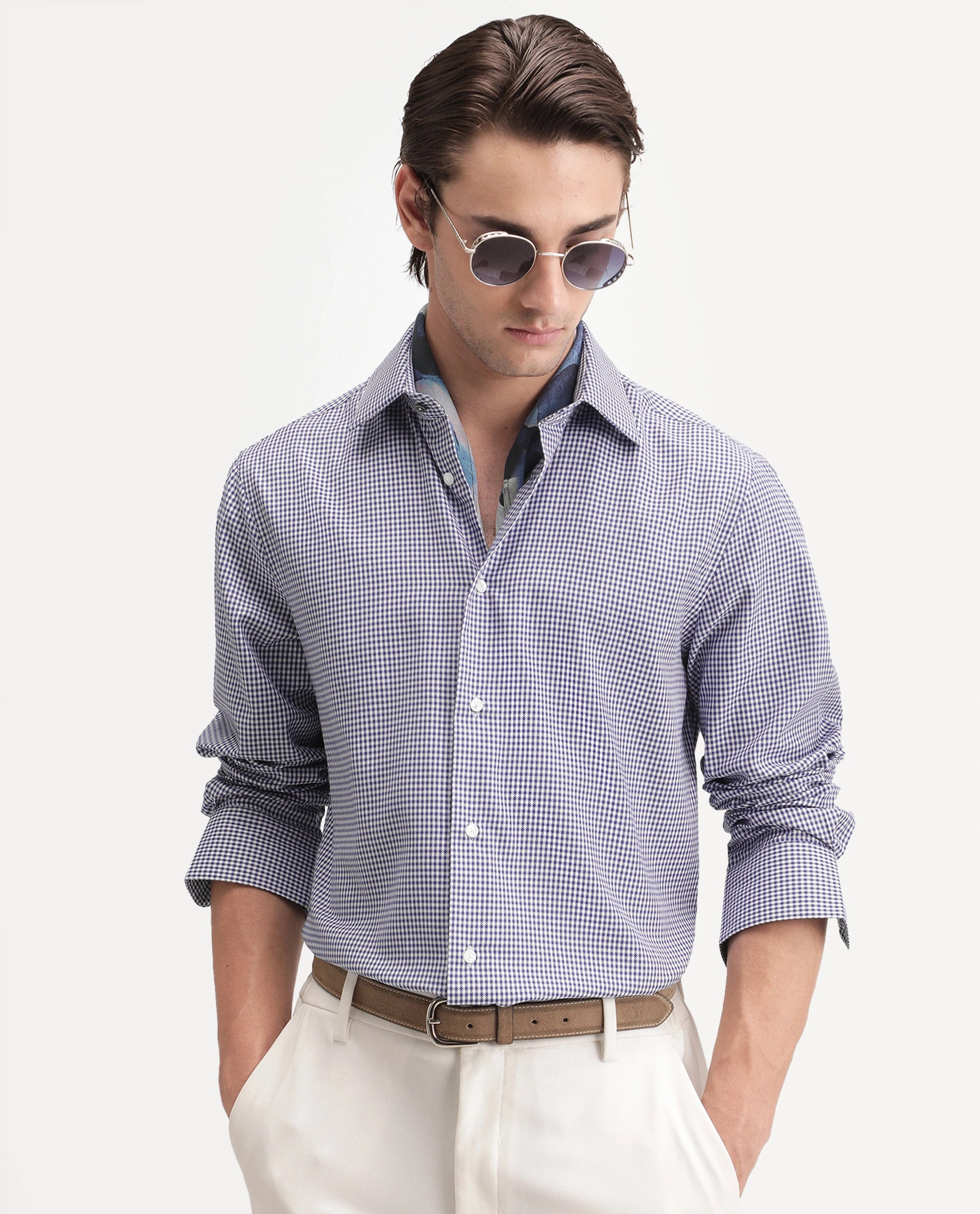Rare Rabbit Men's Drvex Navy Polyester Blend Button Regular Fit Checked Shirt