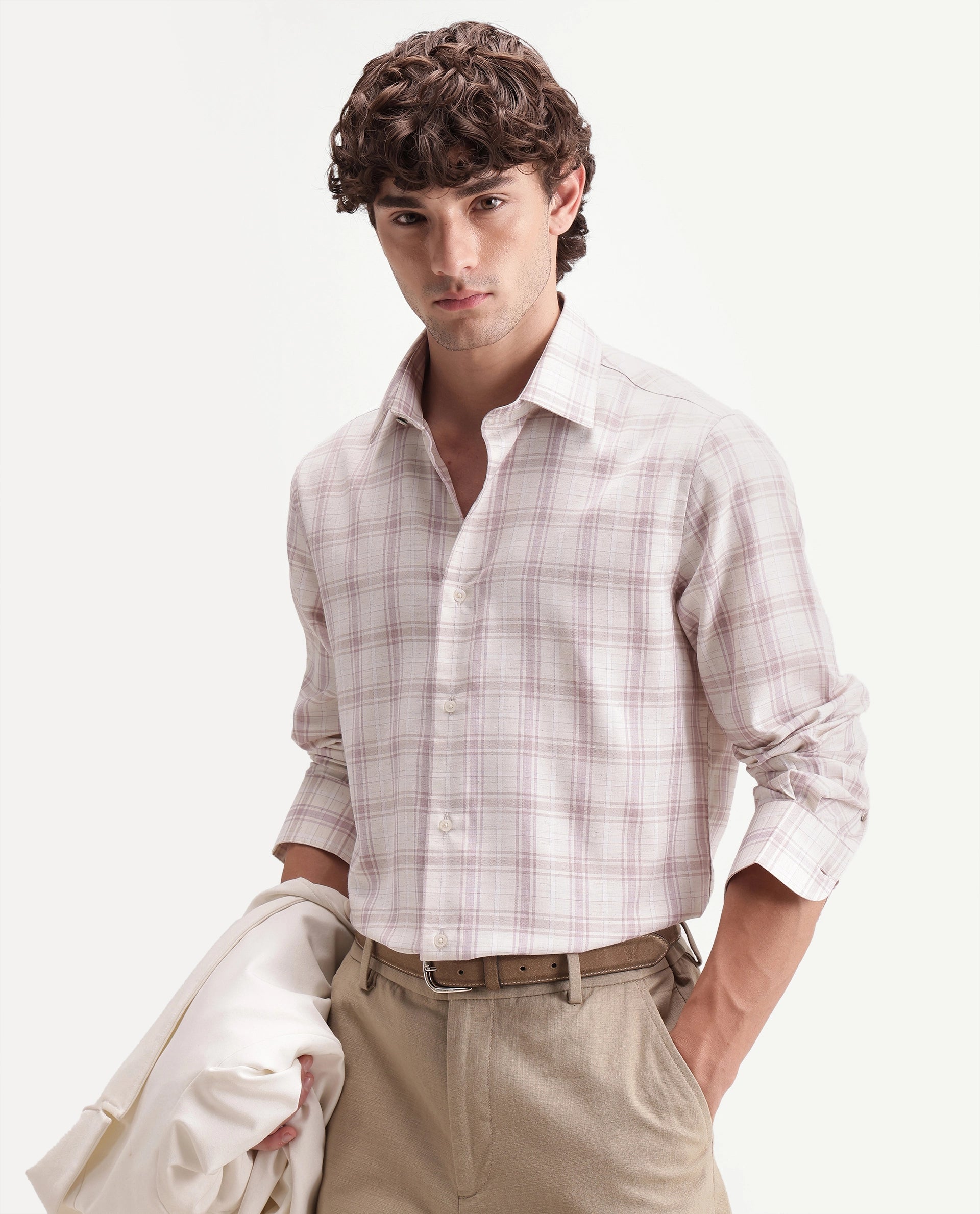 Rare Rabbit Men's Enar Dusky Pink Polyester Blend Button Regular Fit Checked Shirt
