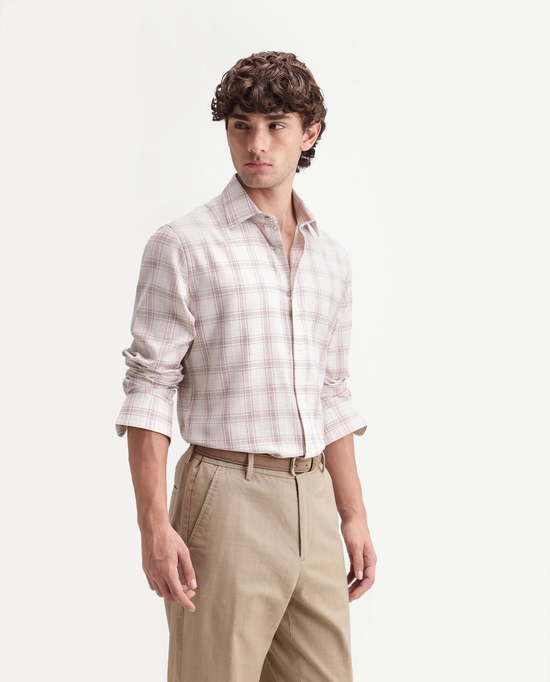 Rare Rabbit Men's Enar Dusky Pink Polyester Blend Button Regular Fit Checked Shirt