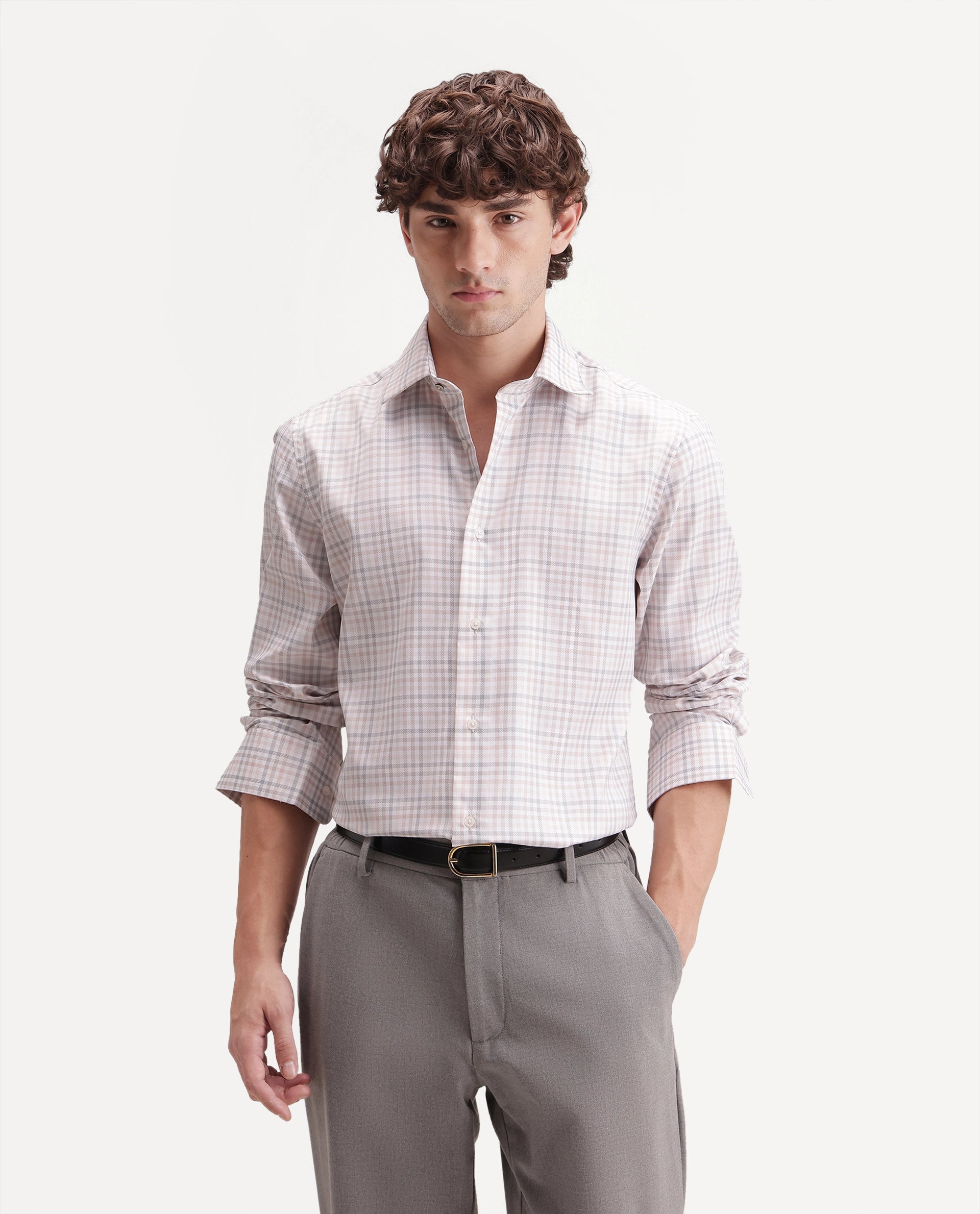 Rare Rabbit Men's Orexa Light Pink Polyester Blend Button Regular Fit Checked Shirt