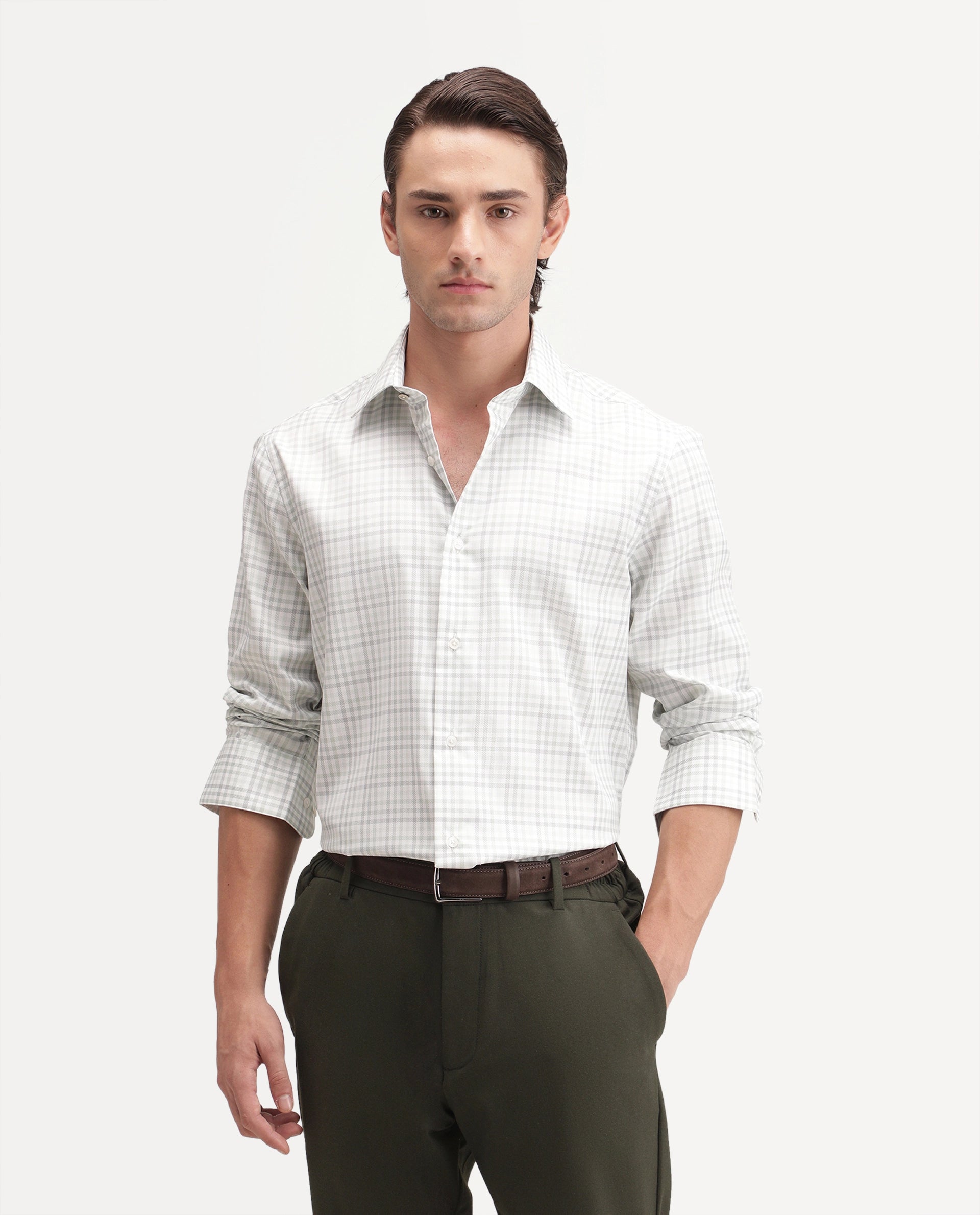 Rare Rabbit Men's Orexa Light Green Polyester Blend Button Regular Fit Checked Shirt