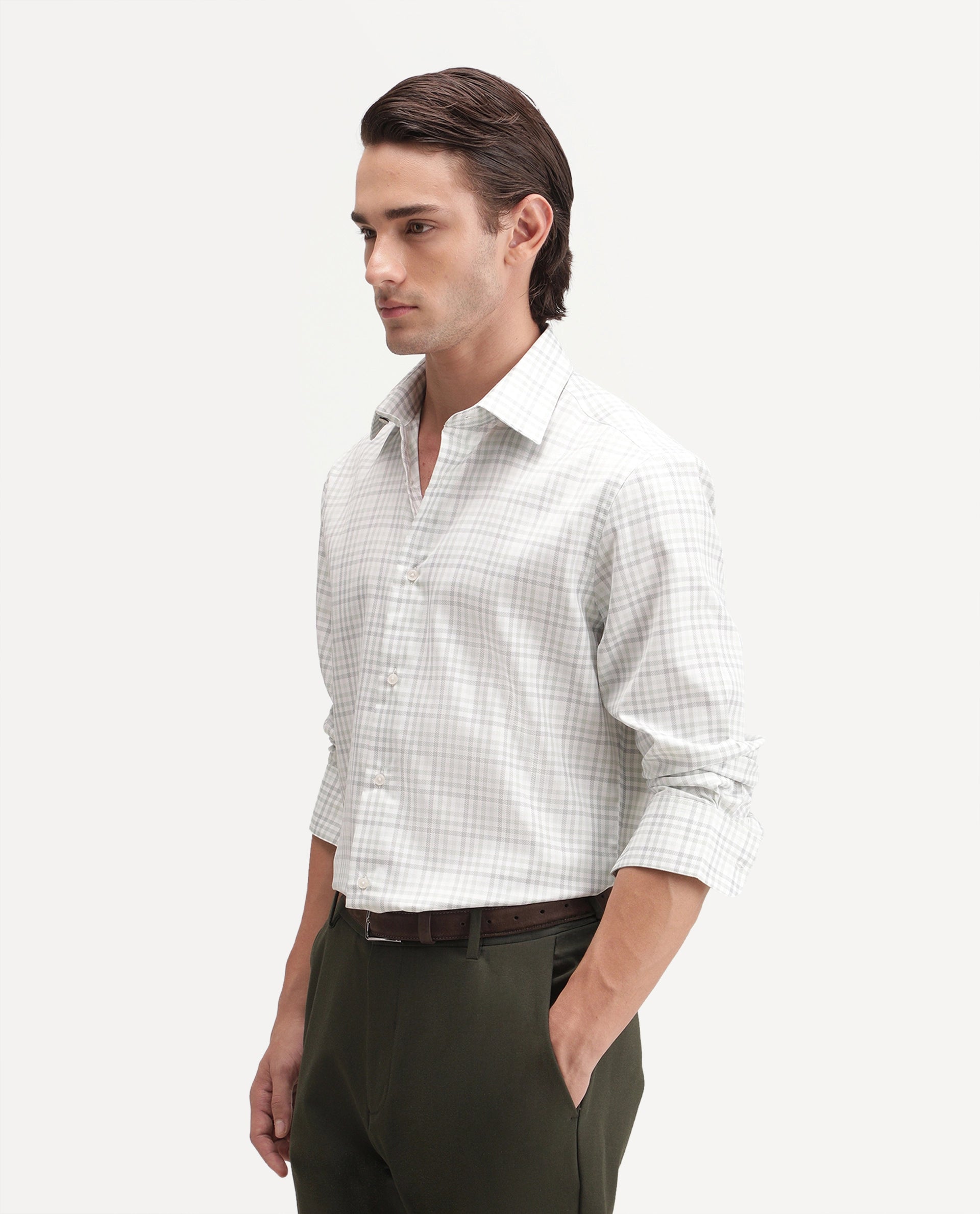 Rare Rabbit Men's Orexa Light Green Polyester Blend Button Regular Fit Checked Shirt