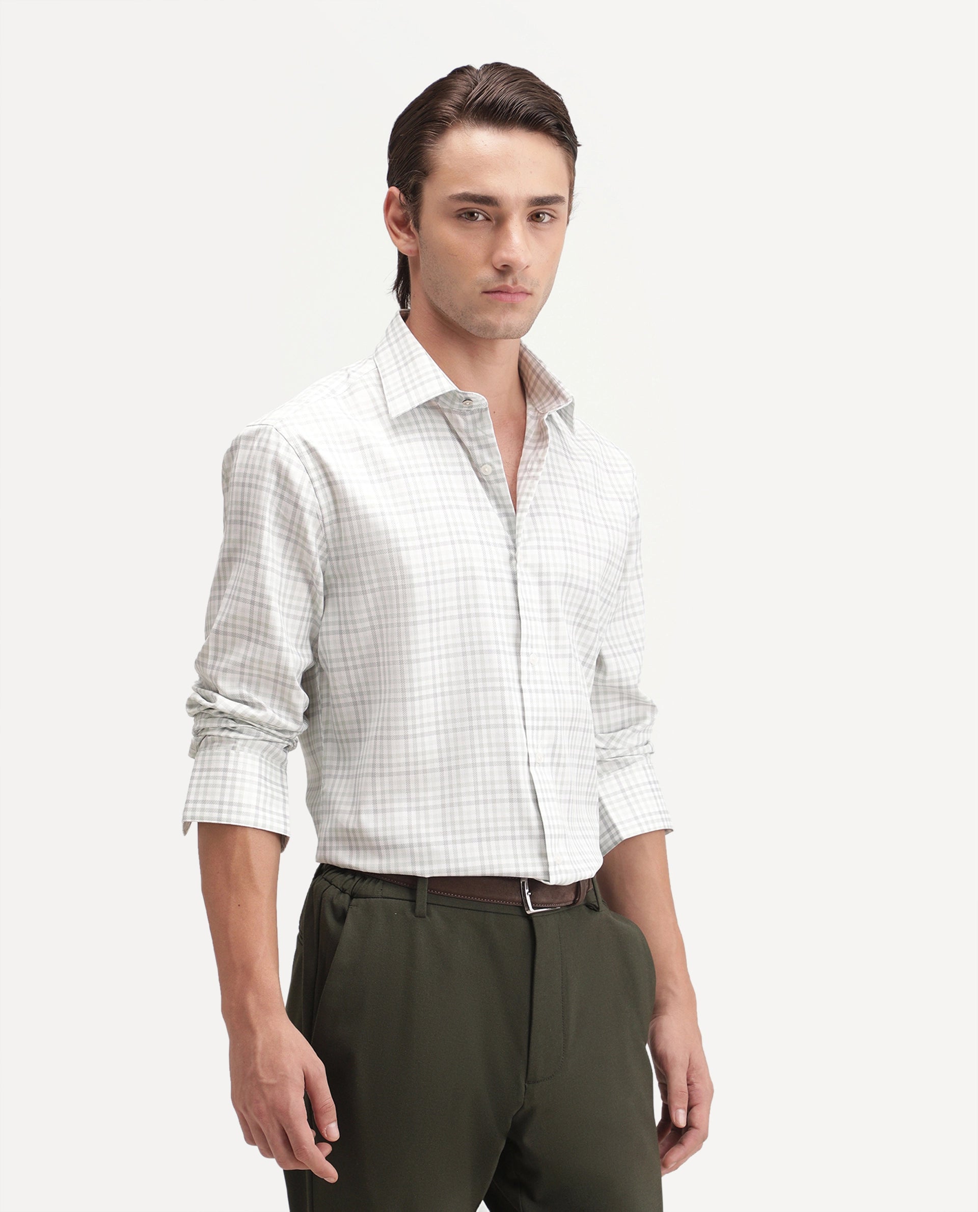 Rare Rabbit Men's Orexa Light Green Polyester Blend Button Regular Fit Checked Shirt