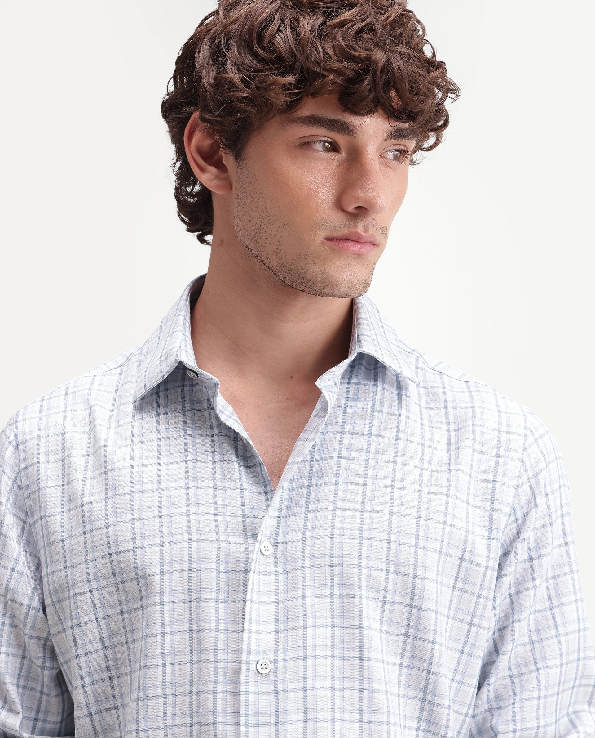 Rare Rabbit Men's Avron Blue Polyester Blend Button Regular Fit Checked Shirt