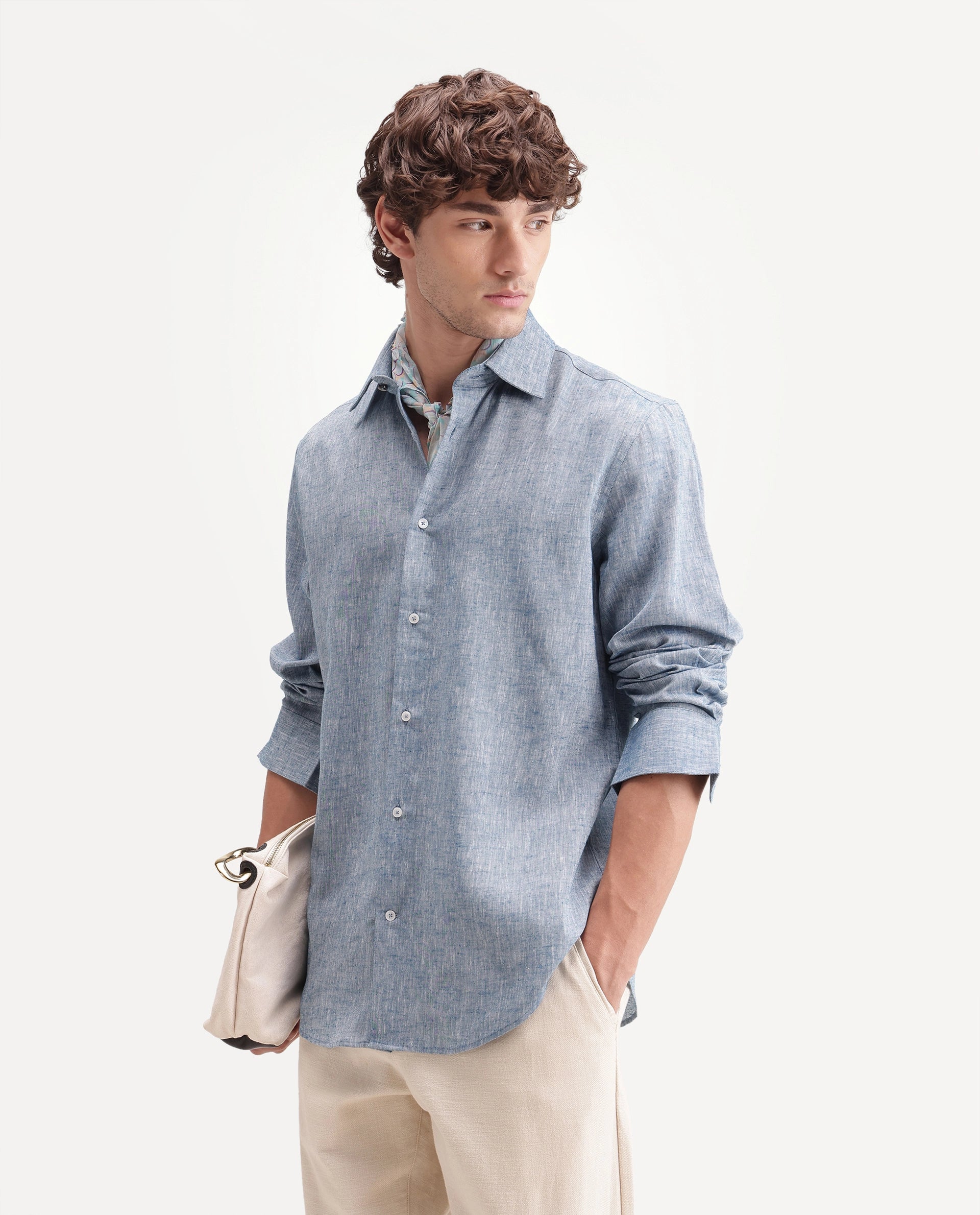 Rare Rabbit Men's Olvt Dark Blue Linen Blend Button Regular Fit Plain Shirt