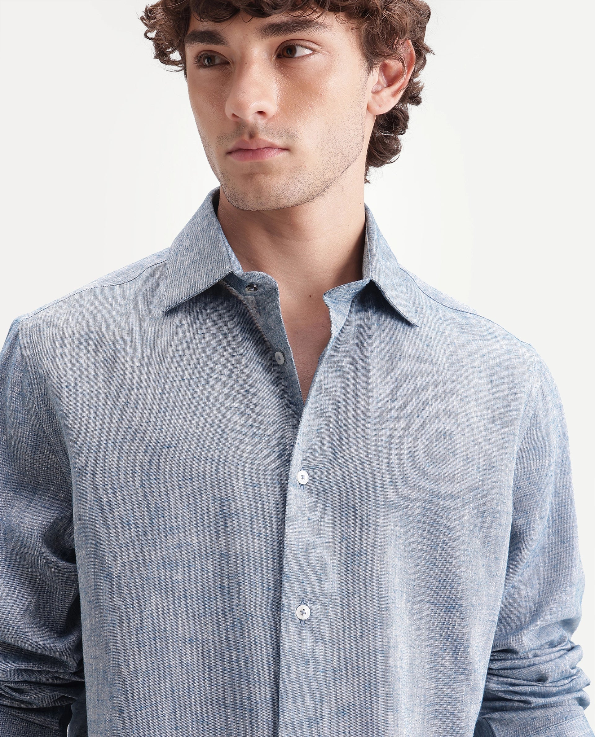 Rare Rabbit Men's Olvt Dark Blue Linen Blend Button Regular Fit Plain Shirt