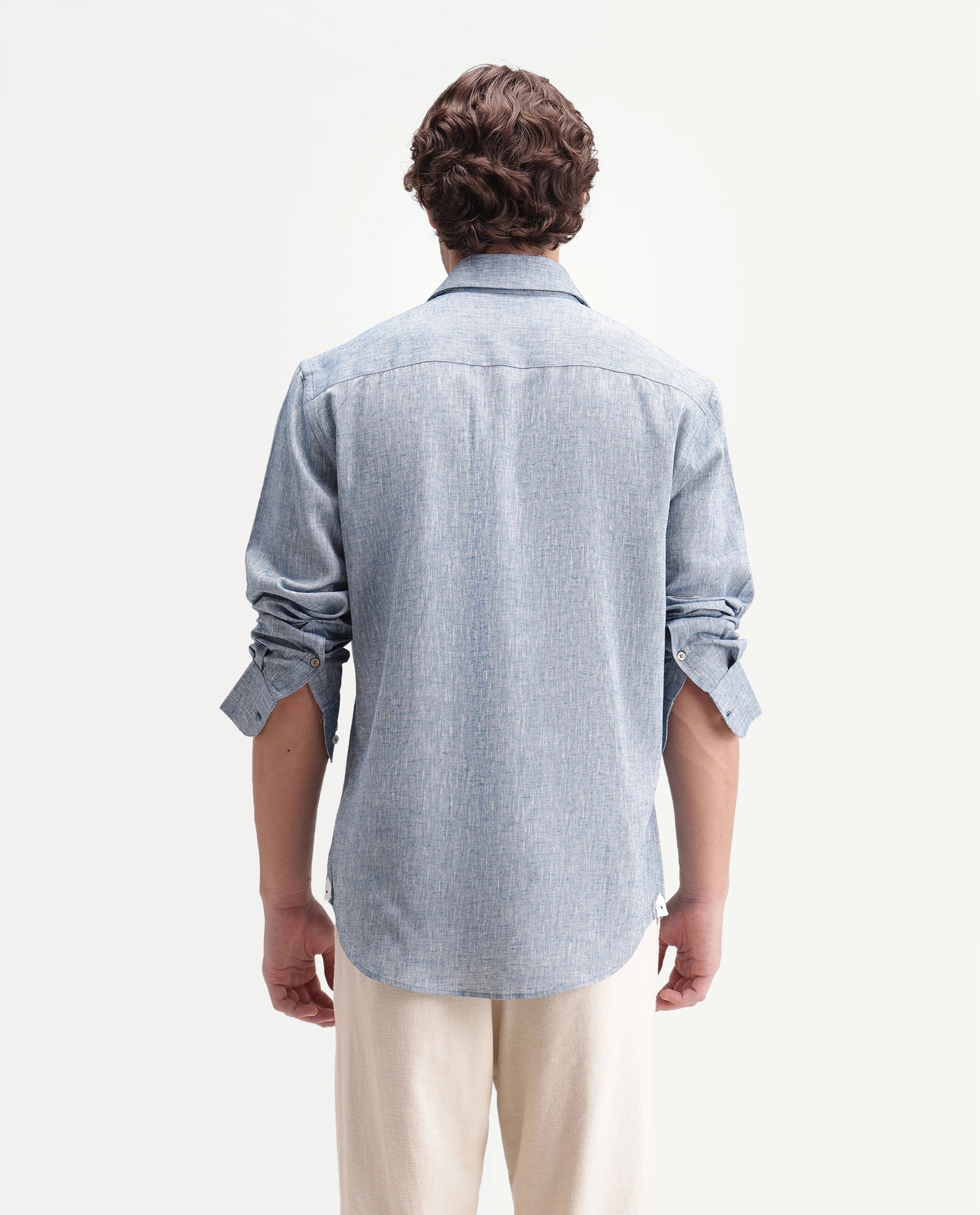 Rare Rabbit Men's Olvt Dark Blue Linen Blend Button Regular Fit Plain Shirt