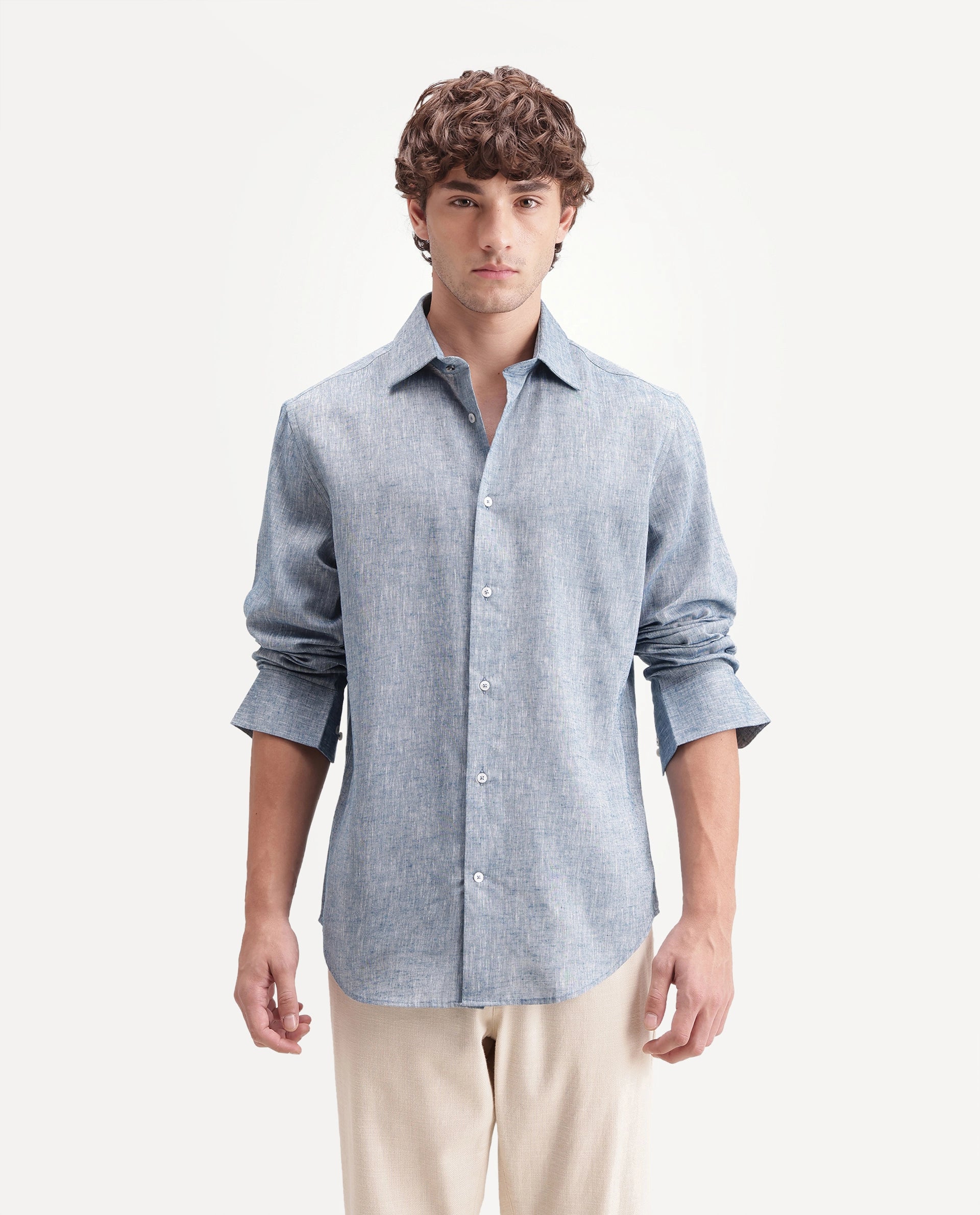 Rare Rabbit Men's Olvt Dark Blue Linen Blend Button Regular Fit Plain Shirt