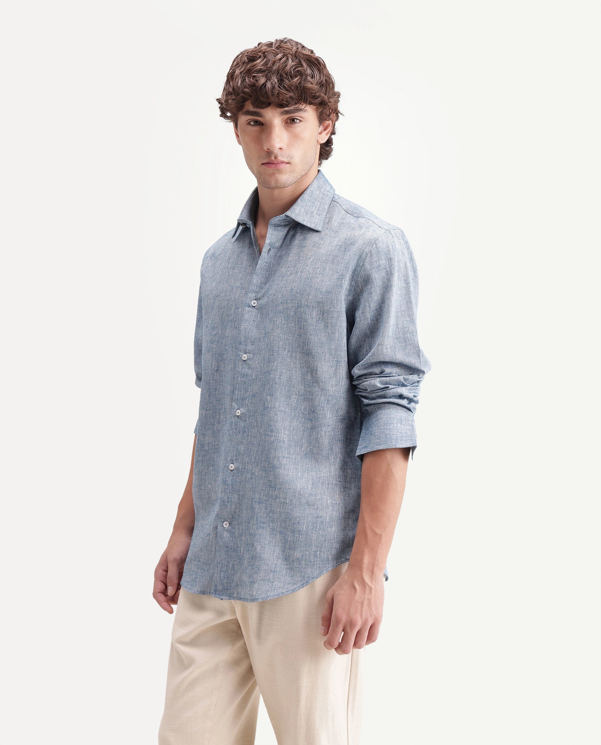 Rare Rabbit Men's Olvt Dark Blue Linen Blend Button Regular Fit Plain Shirt