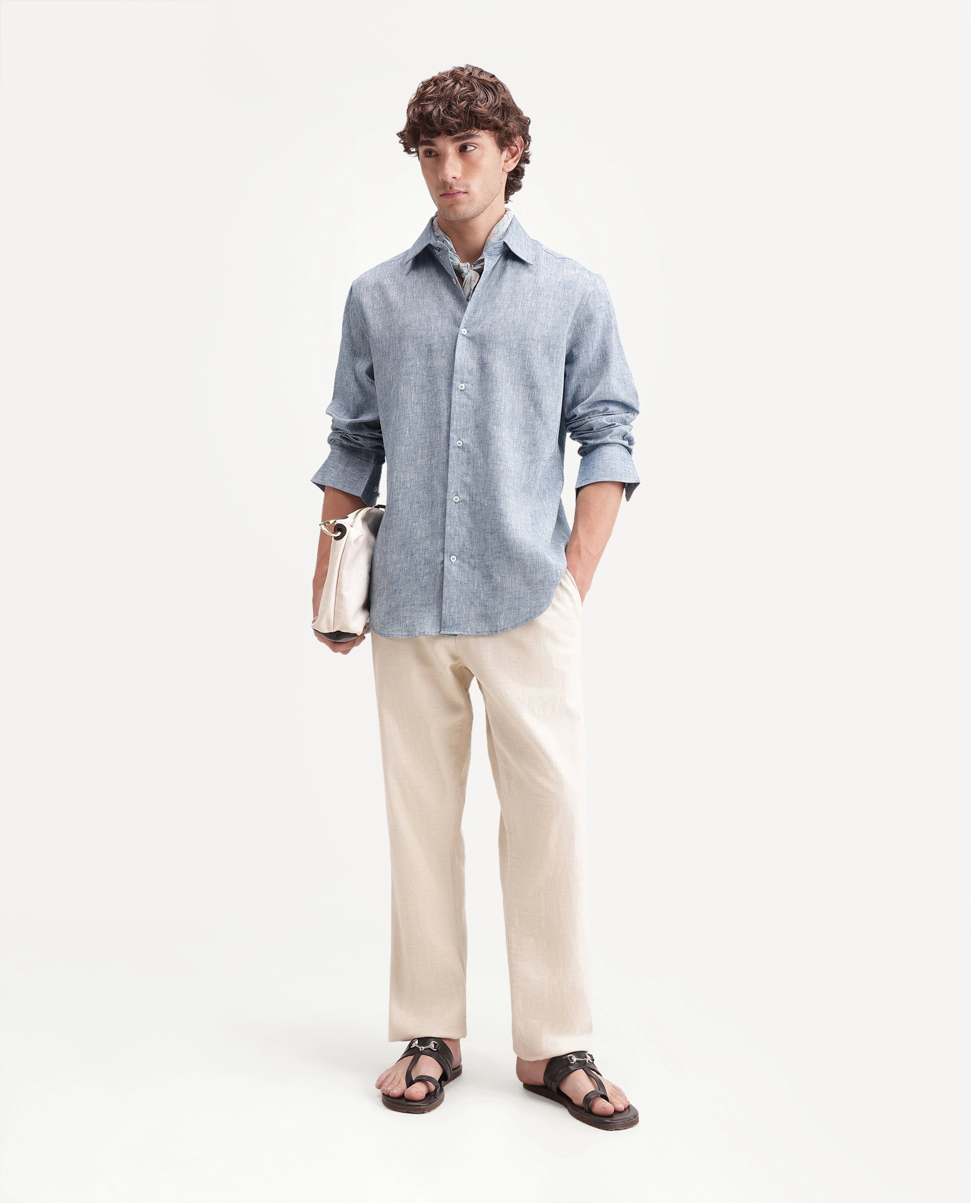 Rare Rabbit Men's Olvt Dark Blue Linen Blend Button Regular Fit Plain Shirt