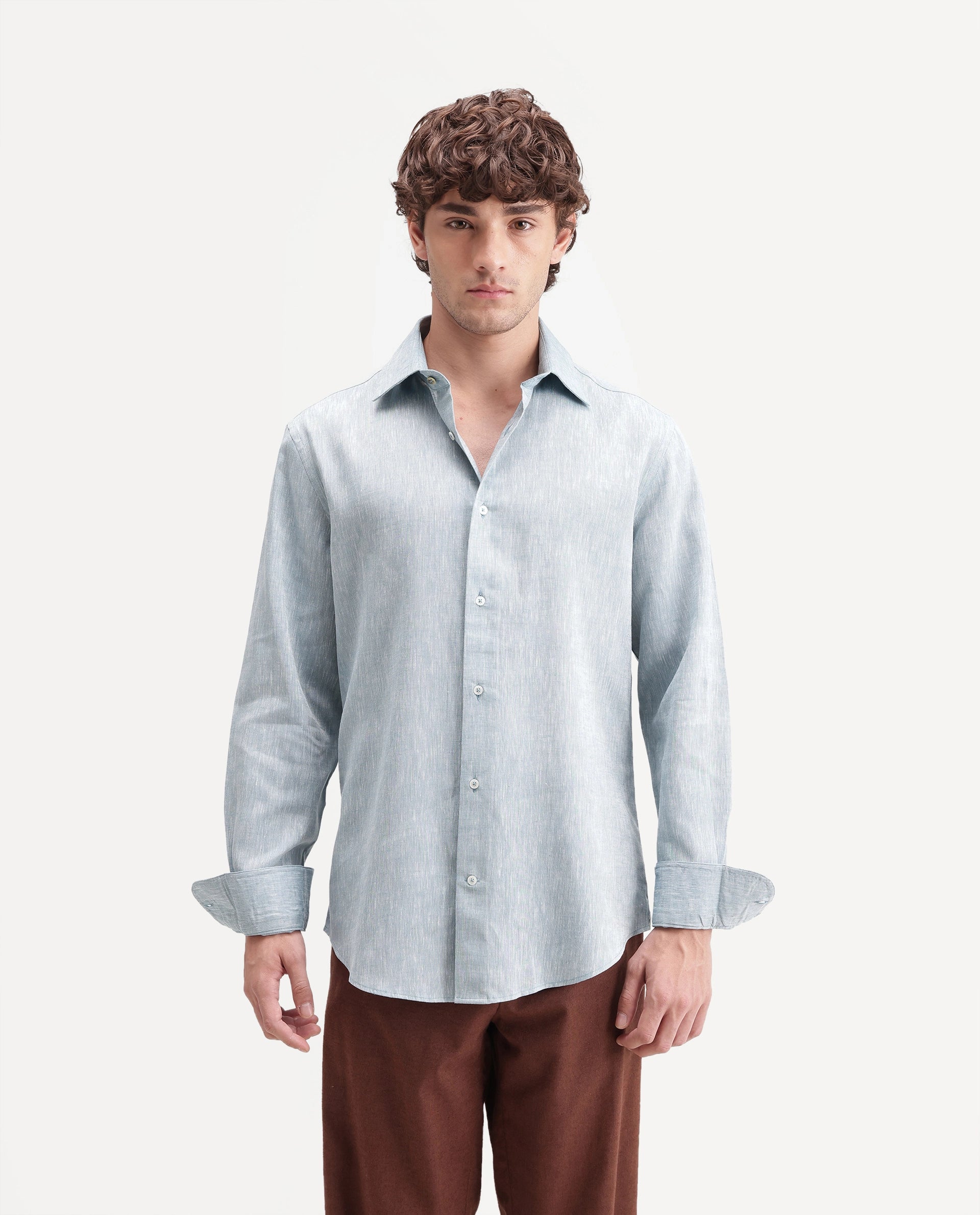 Rare Rabbit Men's Olvt Light Blue Linen Blend Button Regular Fit Plain Shirt