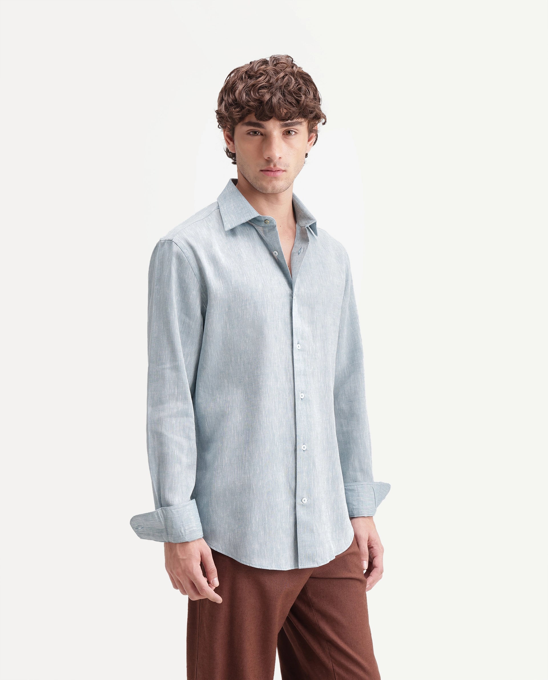 Rare Rabbit Men's Olvt Light Blue Linen Blend Button Regular Fit Plain Shirt