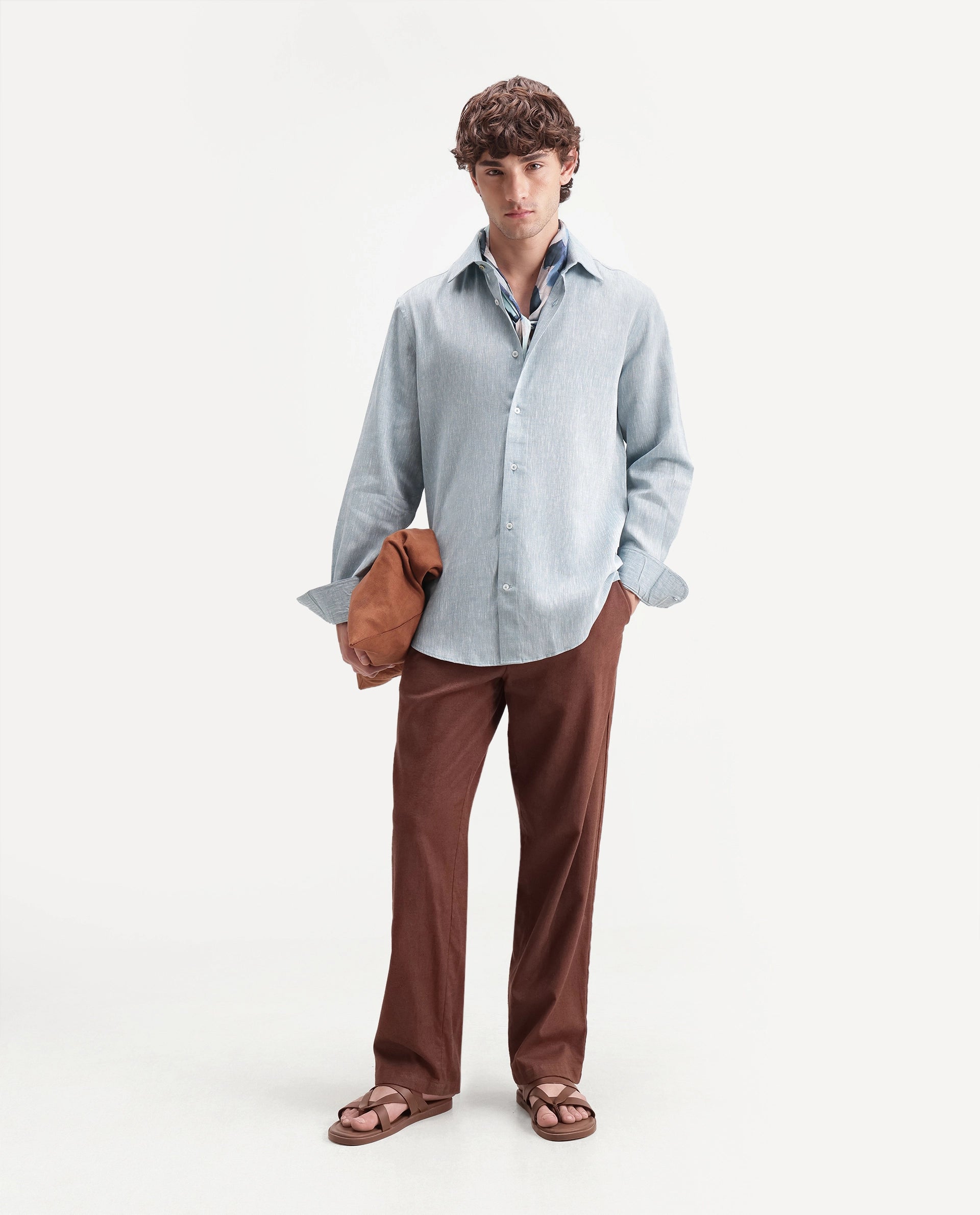 Rare Rabbit Men's Olvt Light Blue Linen Blend Button Regular Fit Plain Shirt