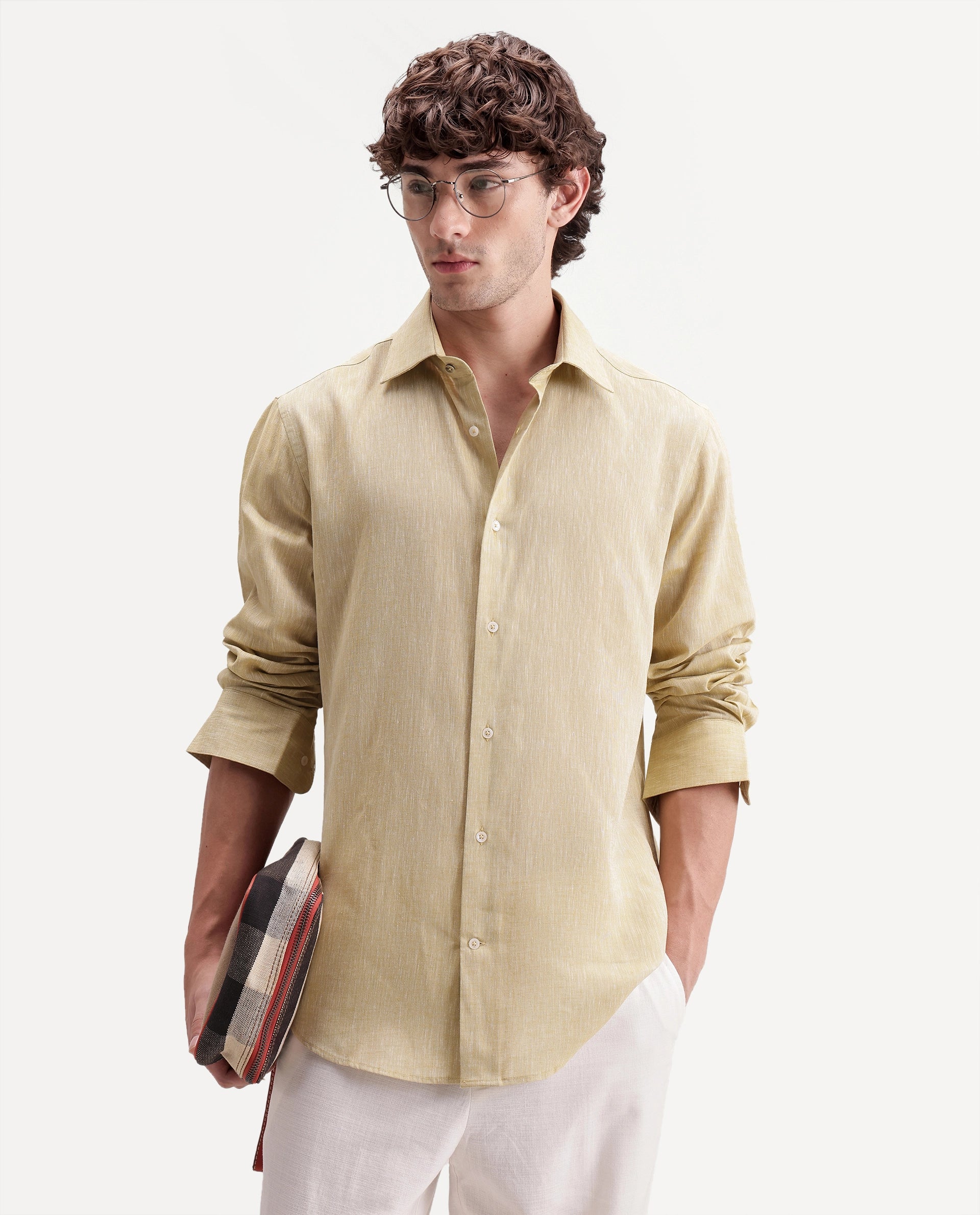 Rare Rabbit Men's Olvt Light Mustard Linen Blend Button Regular Fit Plain Shirt