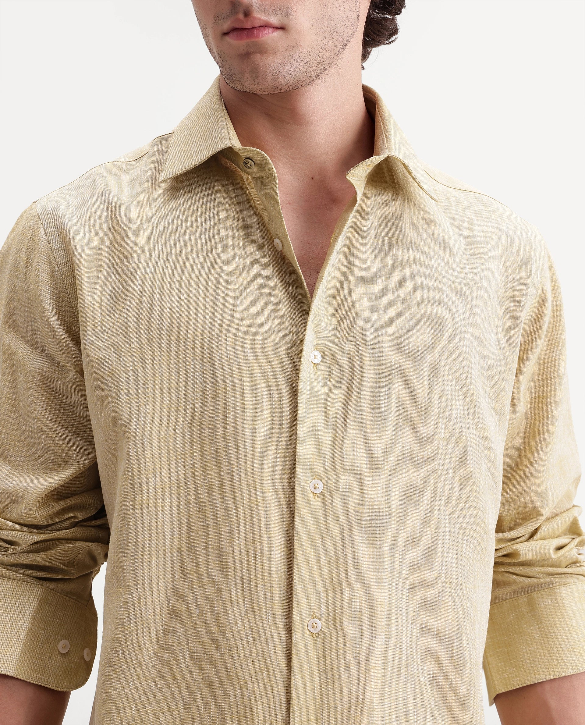 Rare Rabbit Men's Olvt Light Mustard Linen Blend Button Regular Fit Plain Shirt