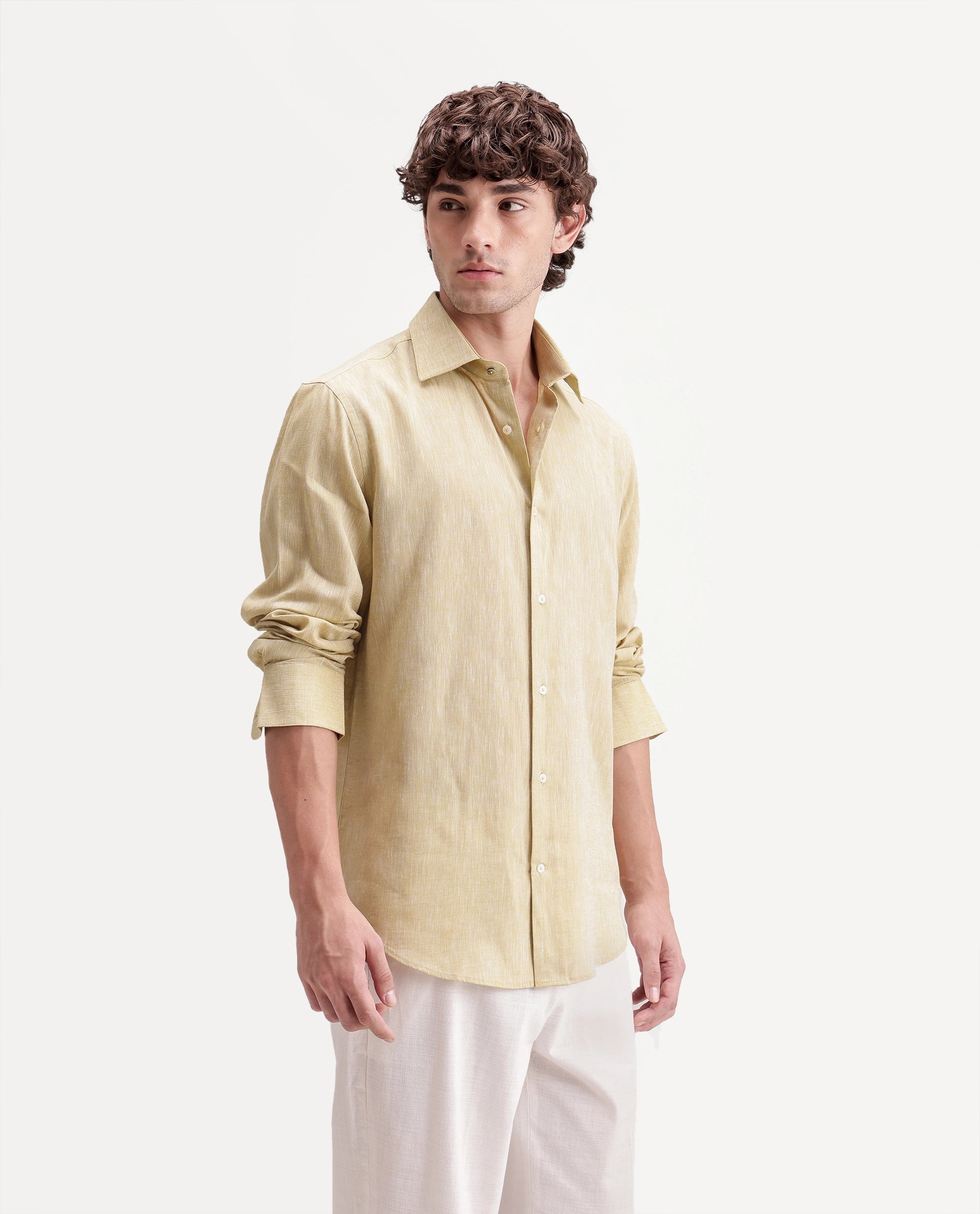 Rare Rabbit Men's Olvt Light Mustard Linen Blend Button Regular Fit Plain Shirt
