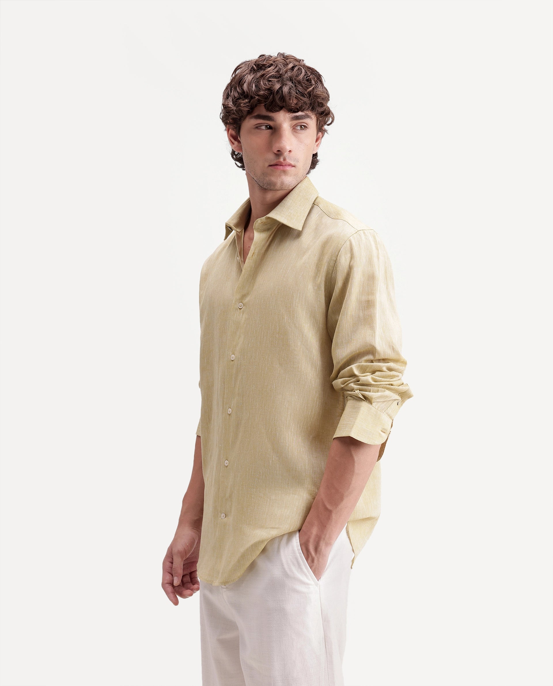 Rare Rabbit Men's Olvt Light Mustard Linen Blend Button Regular Fit Plain Shirt