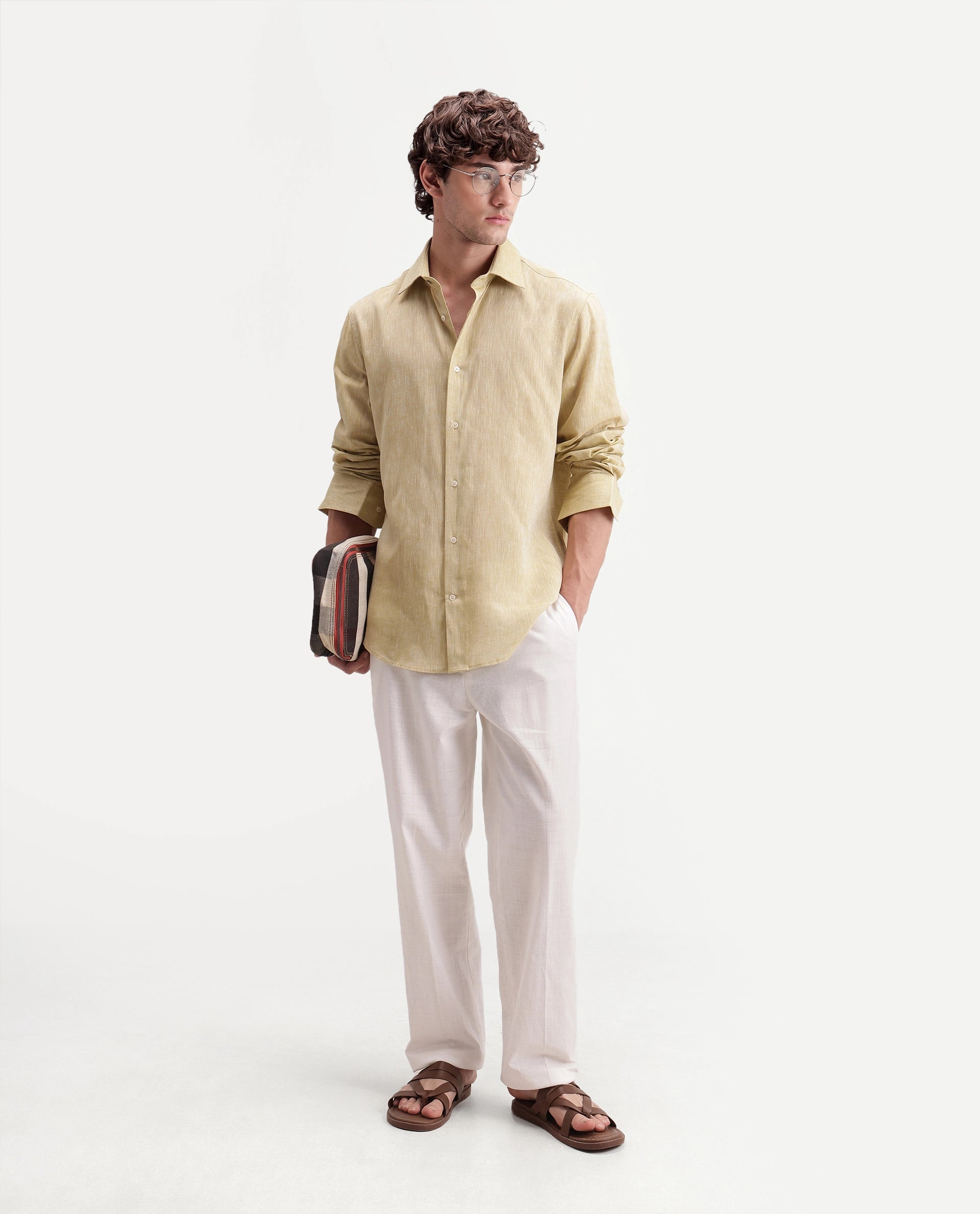 Rare Rabbit Men's Olvt Light Mustard Linen Blend Button Regular Fit Plain Shirt
