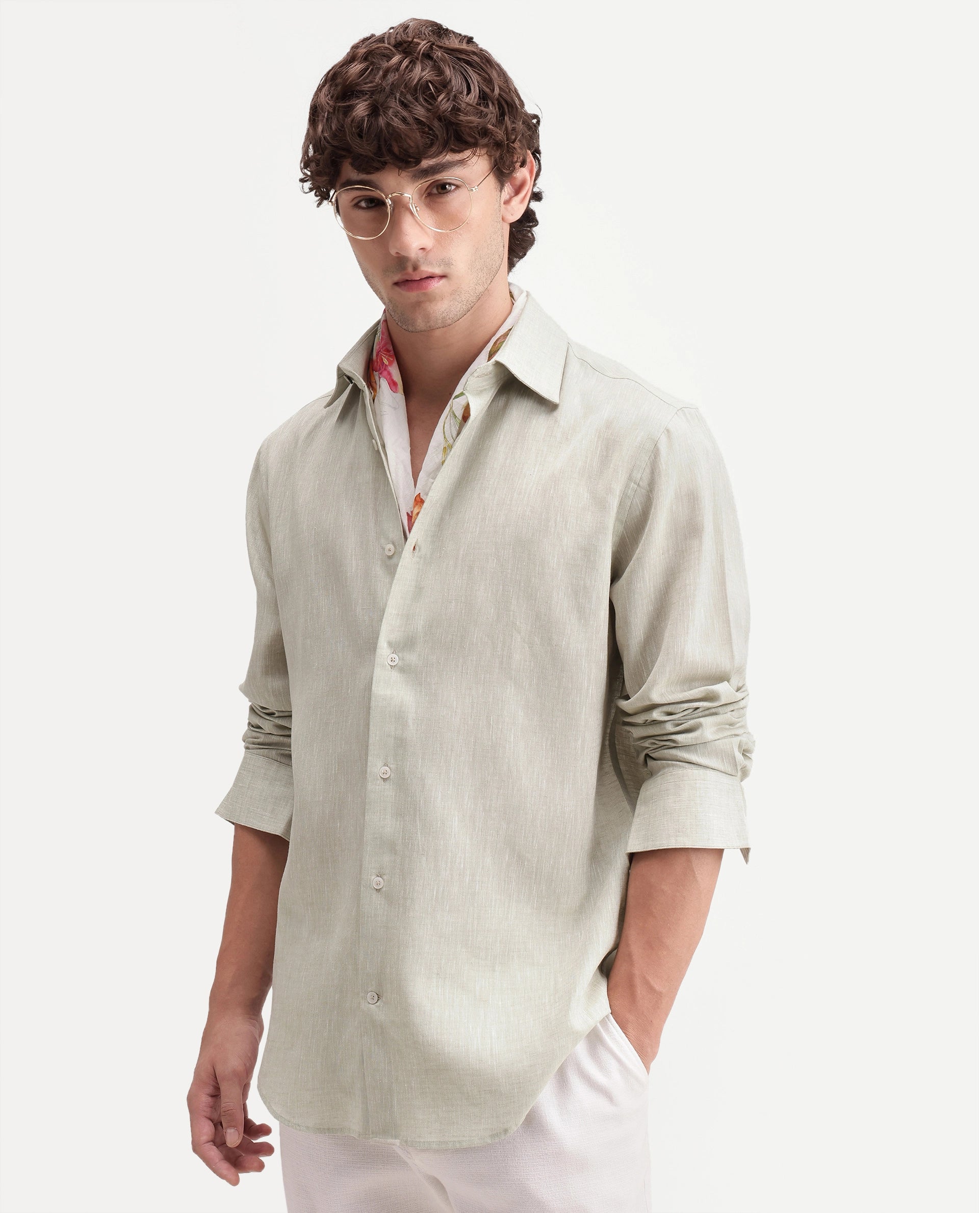Rare Rabbit Men's Olvt Dusky Green Linen Blend Button Regular Fit Plain Shirt