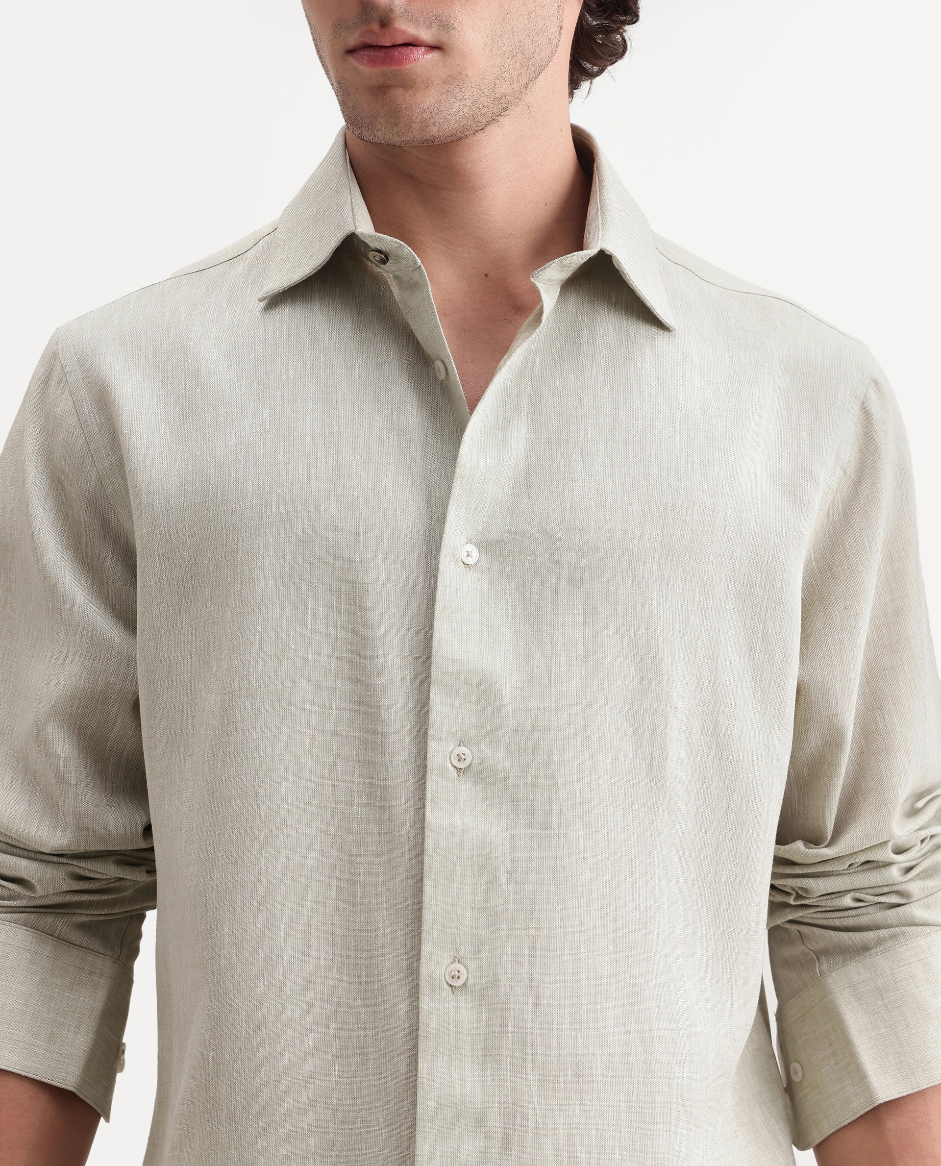Rare Rabbit Men's Olvt Dusky Green Linen Blend Button Regular Fit Plain Shirt