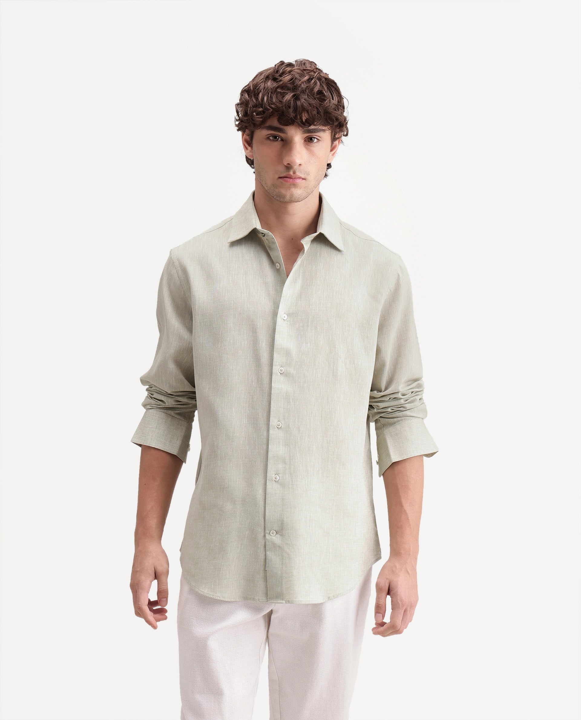 Rare Rabbit Men's Olvt Dusky Green Linen Blend Button Regular Fit Plain Shirt