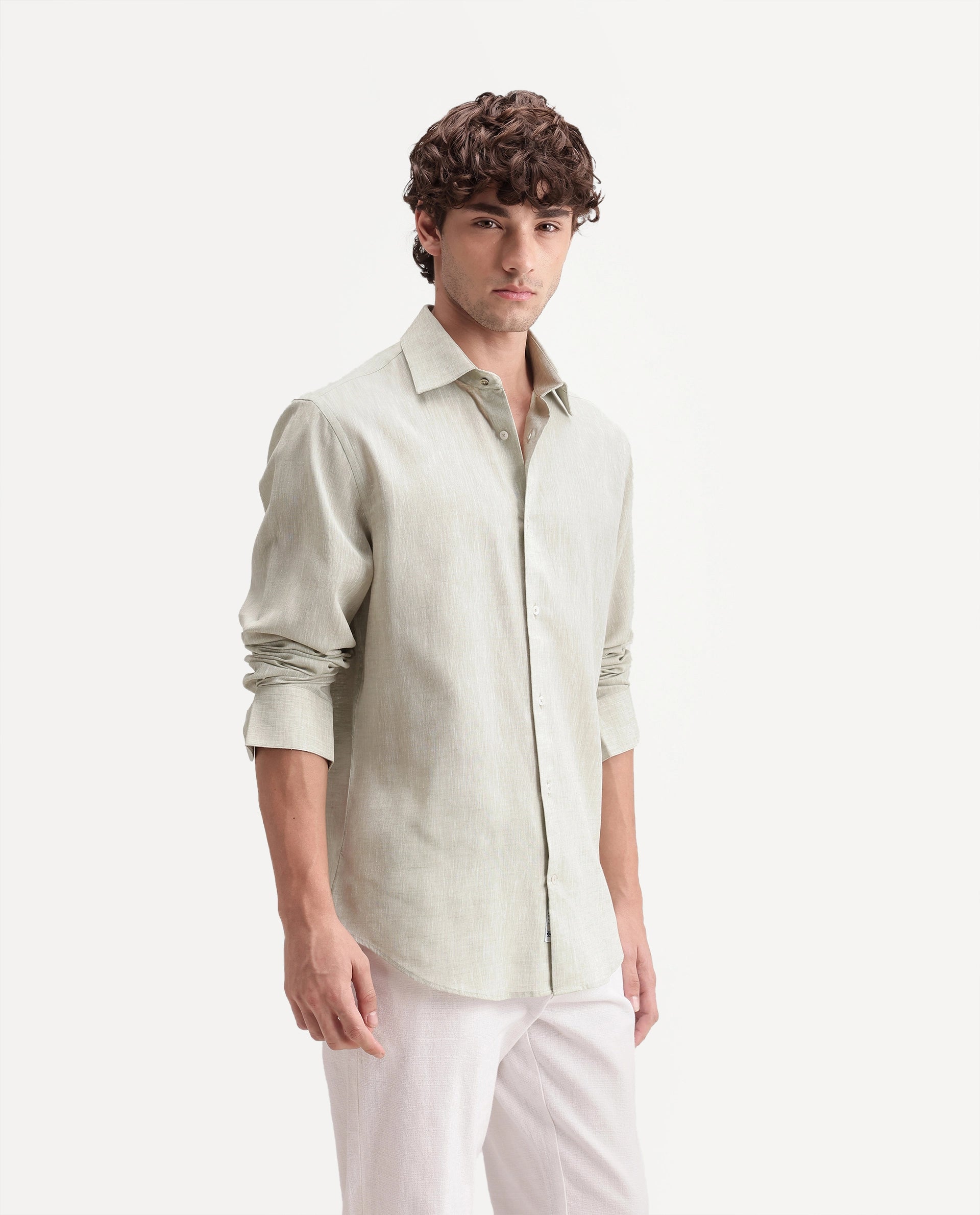 Rare Rabbit Men's Olvt Dusky Green Linen Blend Button Regular Fit Plain Shirt