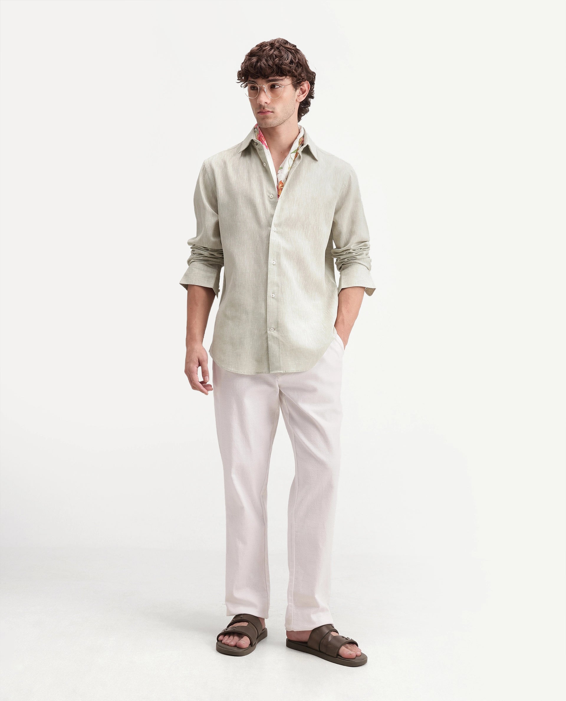 Rare Rabbit Men's Olvt Dusky Green Linen Blend Button Regular Fit Plain Shirt
