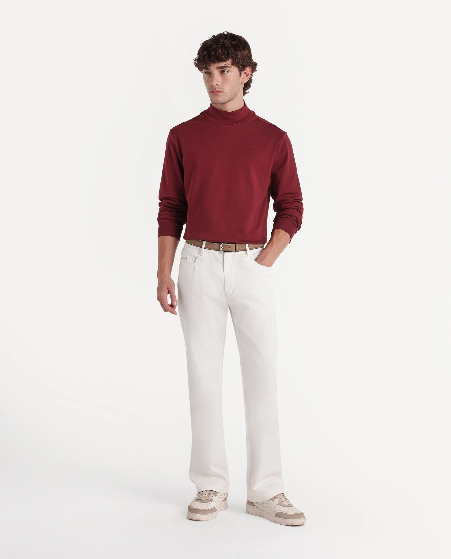 Rare Rabbit Men's Spoke-W White Cotton Blend Button And Zip Wide Leg Fit Plain Trouser