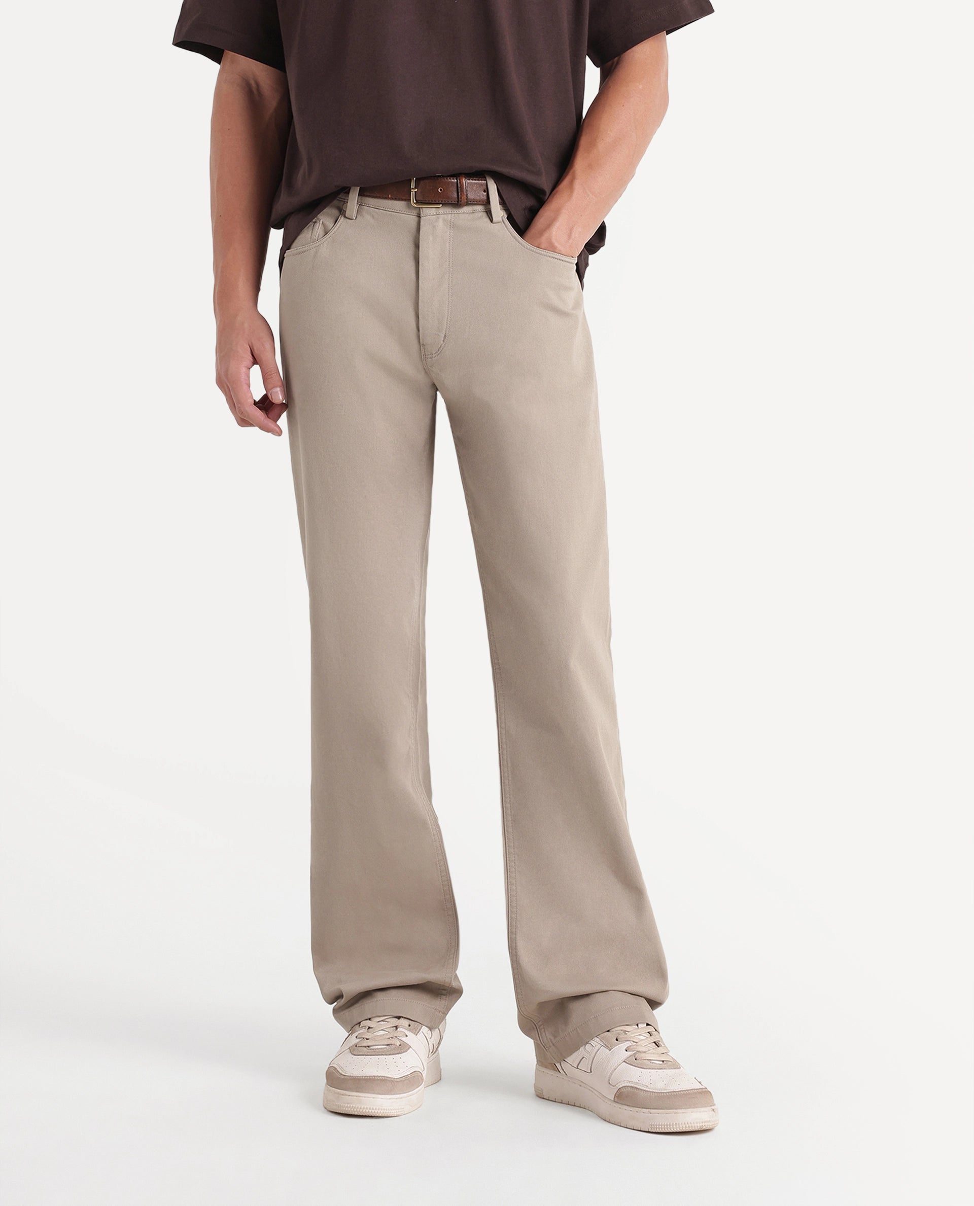 Rare Rabbit Men's Spoke-W Beige Cotton Blend Button And Zip Wide Leg Fit Plain Trouser