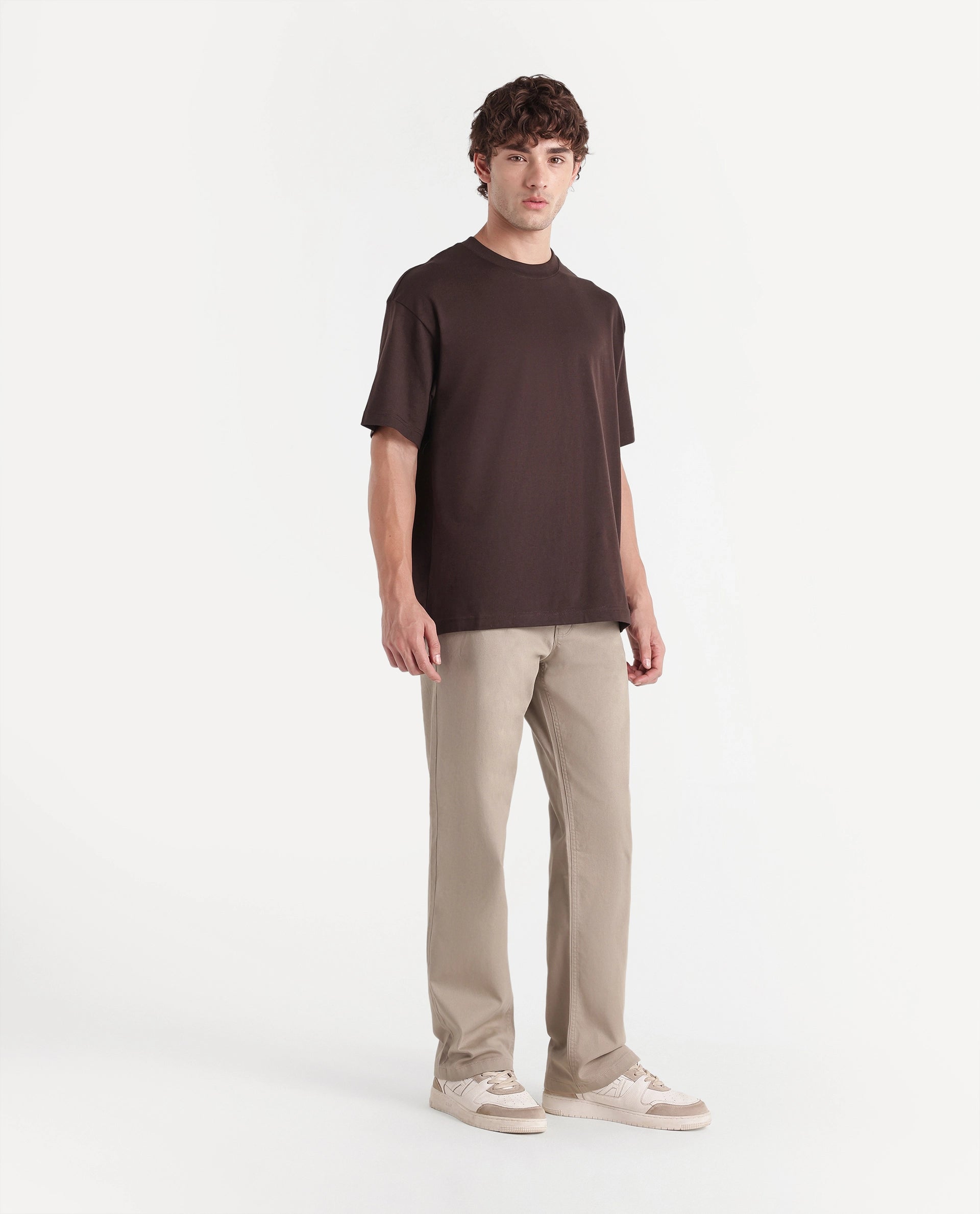 Rare Rabbit Men's Spoke-W Beige Cotton Blend Button And Zip Wide Leg Fit Plain Trouser