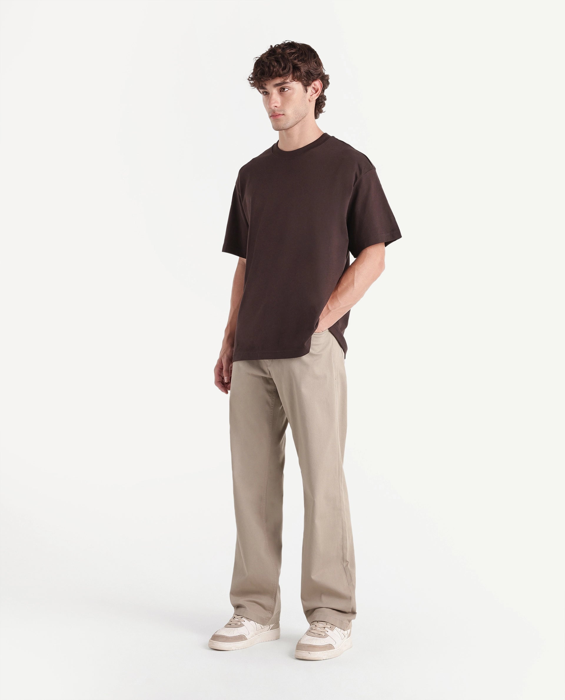 Rare Rabbit Men's Spoke-W Beige Cotton Blend Button And Zip Wide Leg Fit Plain Trouser