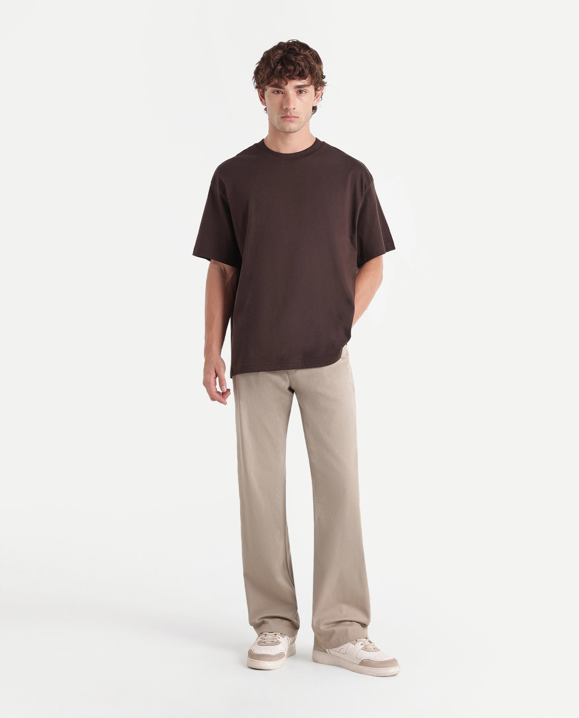 Rare Rabbit Men's Spoke-W Beige Cotton Blend Button And Zip Wide Leg Fit Plain Trouser