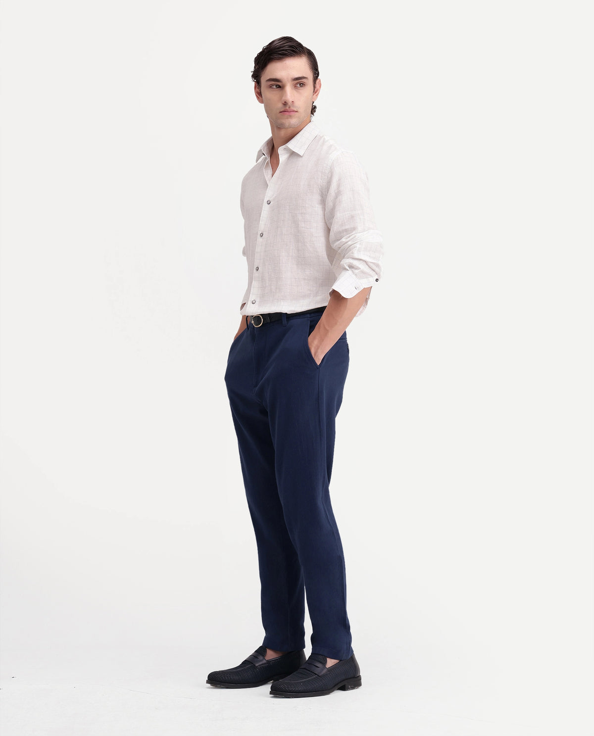 Rare Rabbit Men's Vora Dark Blue Linen Blend Button And Zip Regular Fit Plain Trouser