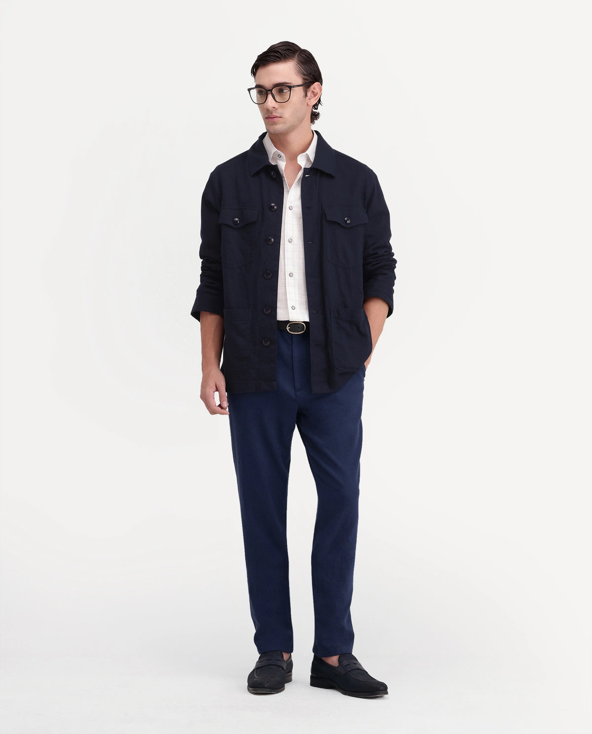 Rare Rabbit Men's Vora Dark Blue Linen Blend Button And Zip Regular Fit Plain Trouser