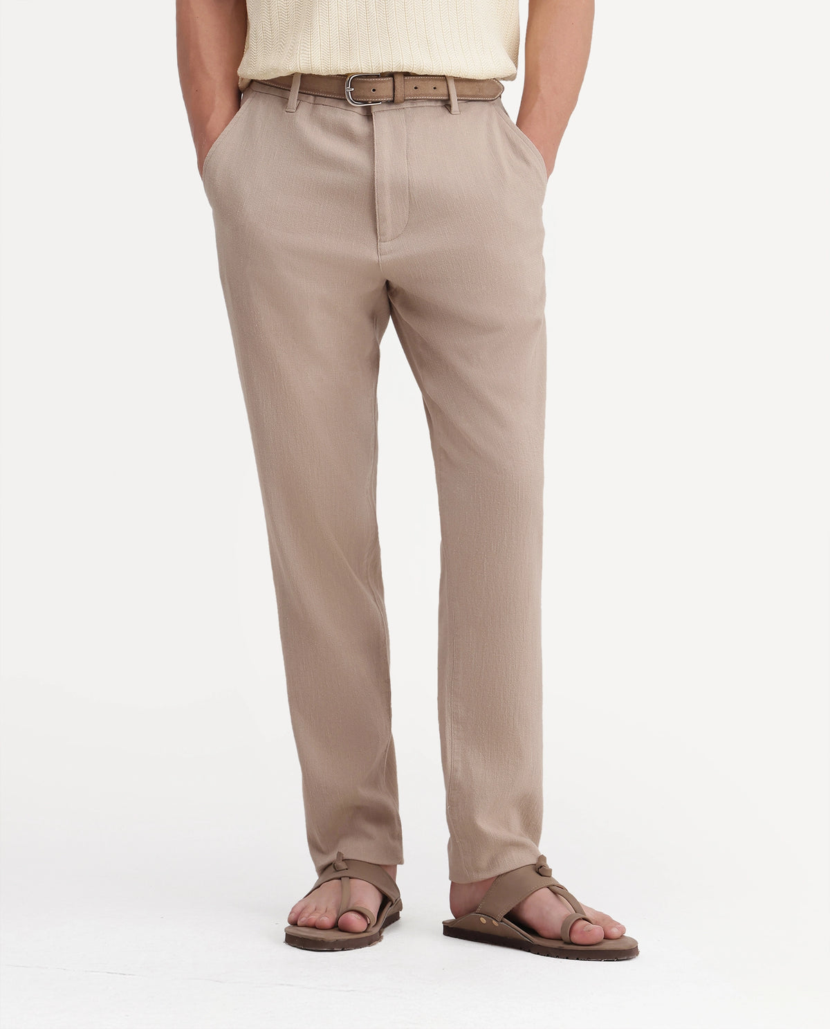 Rare Rabbit Men's Vora Light Beige Linen Blend Button And Zip Regular Fit Plain Trouser