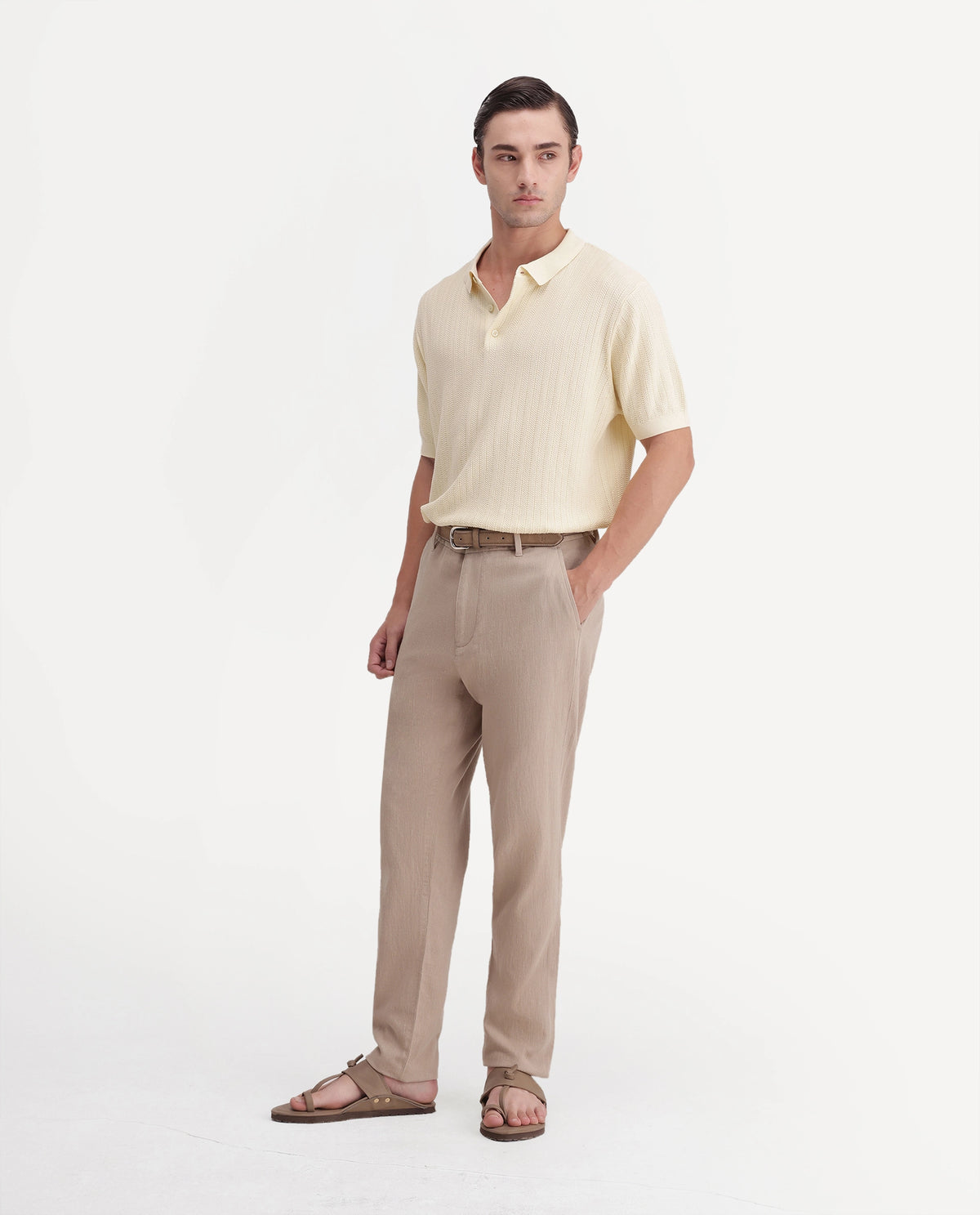 Rare Rabbit Men's Vora Light Beige Linen Blend Button And Zip Regular Fit Plain Trouser