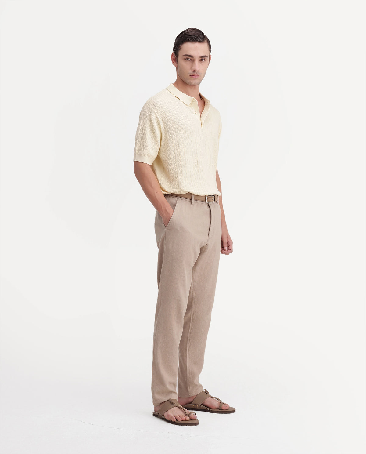 Rare Rabbit Men's Vora Light Beige Linen Blend Button And Zip Regular Fit Plain Trouser