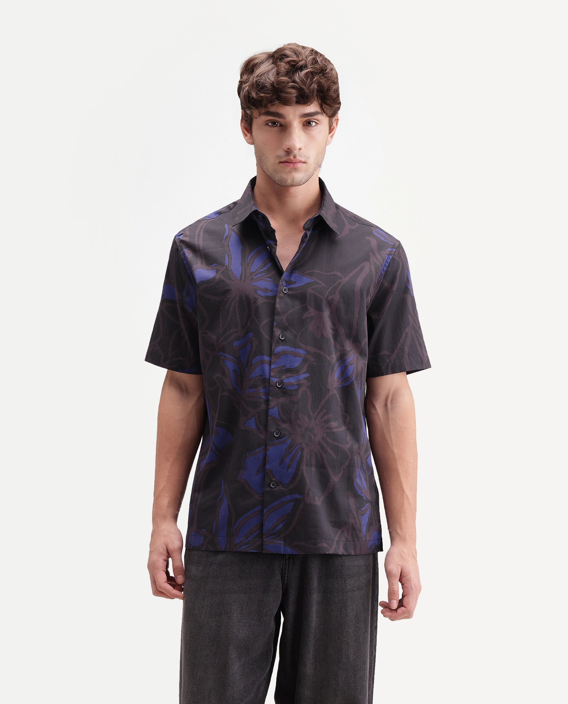 Rare Rabbit Men's Zayn Dark Purple Cotton Button Regular Fit Floral Print Shirt