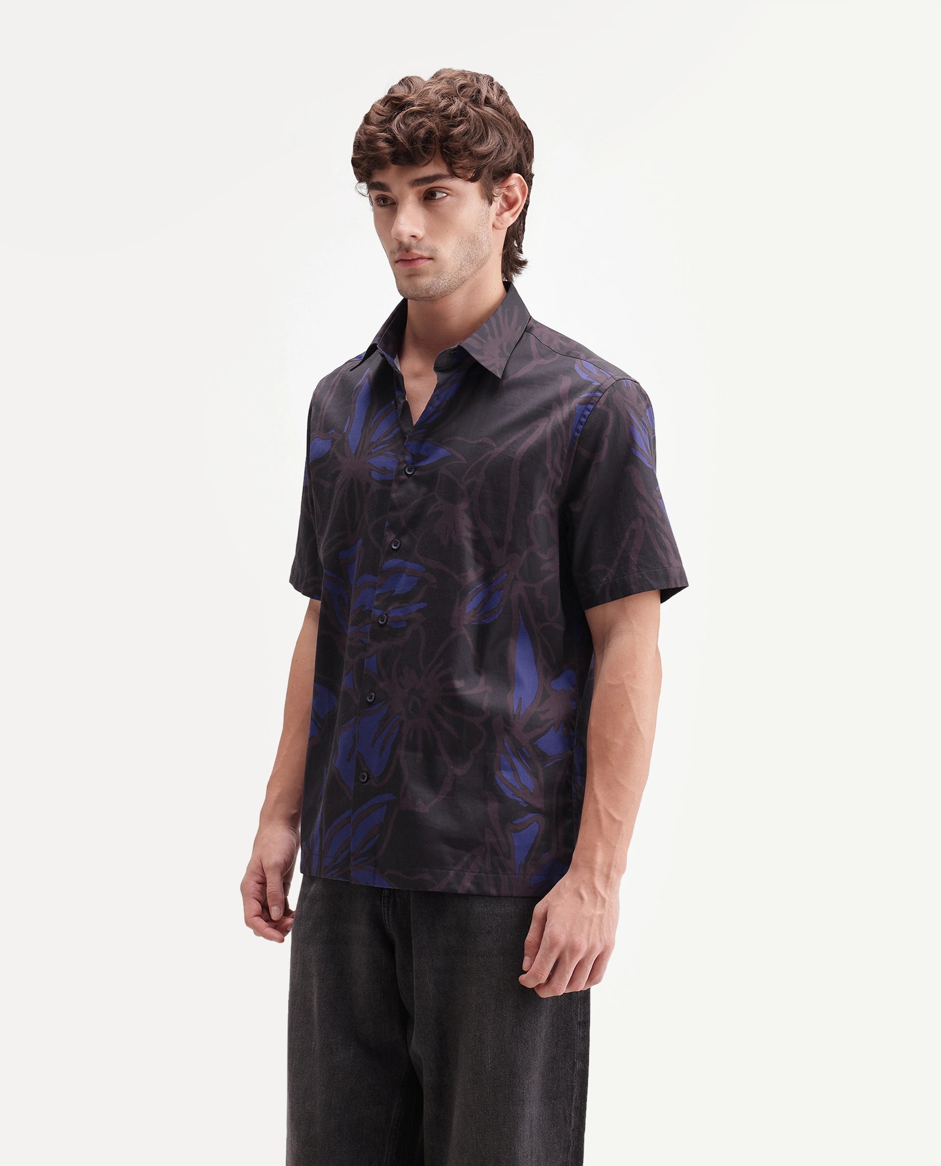 Rare Rabbit Men's Zayn Dark Purple Cotton Button Regular Fit Floral Print Shirt