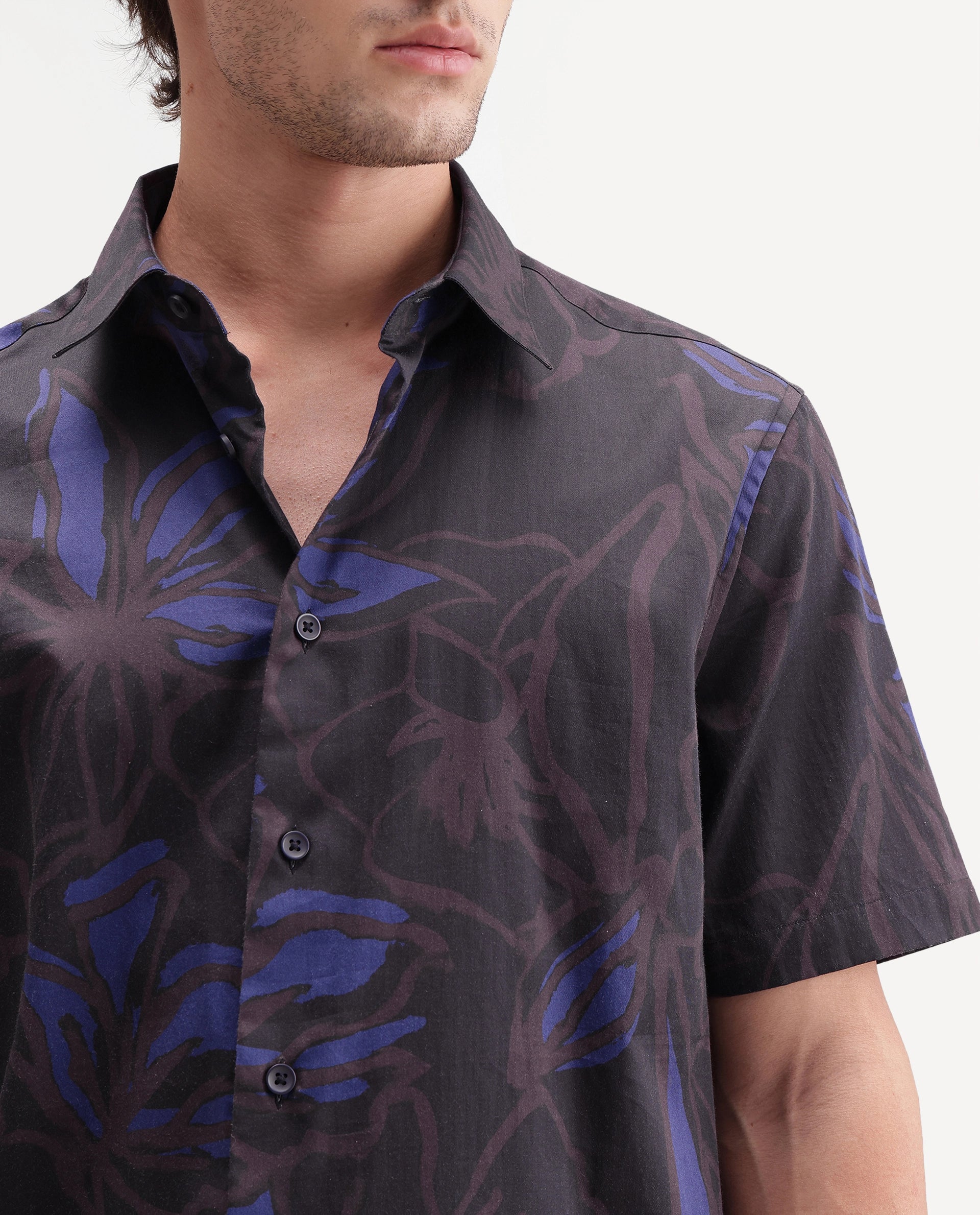 Rare Rabbit Men's Zayn Dark Purple Cotton Button Regular Fit Floral Print Shirt