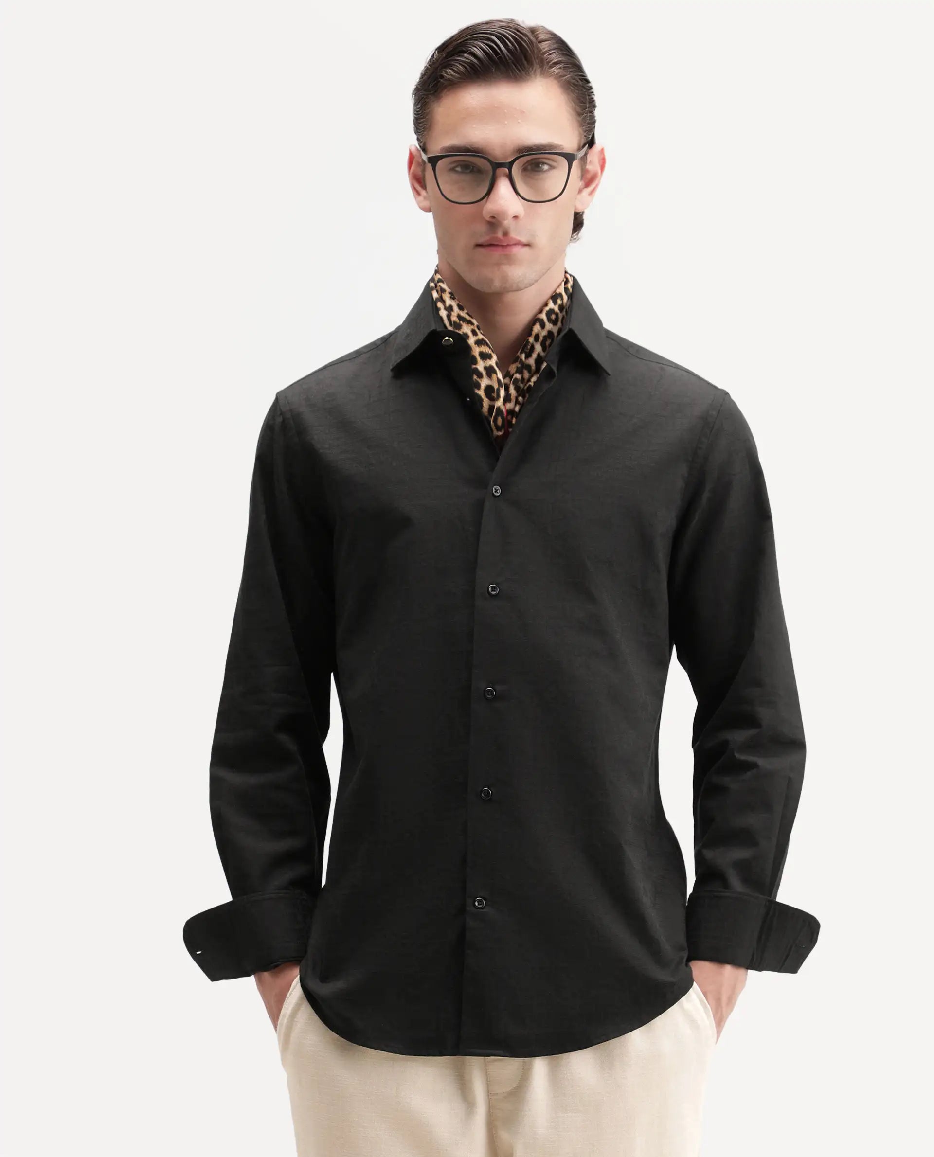 Rare Rabbit Men's Clover Black Cotton Button Regular Fit Jacquard Shirt