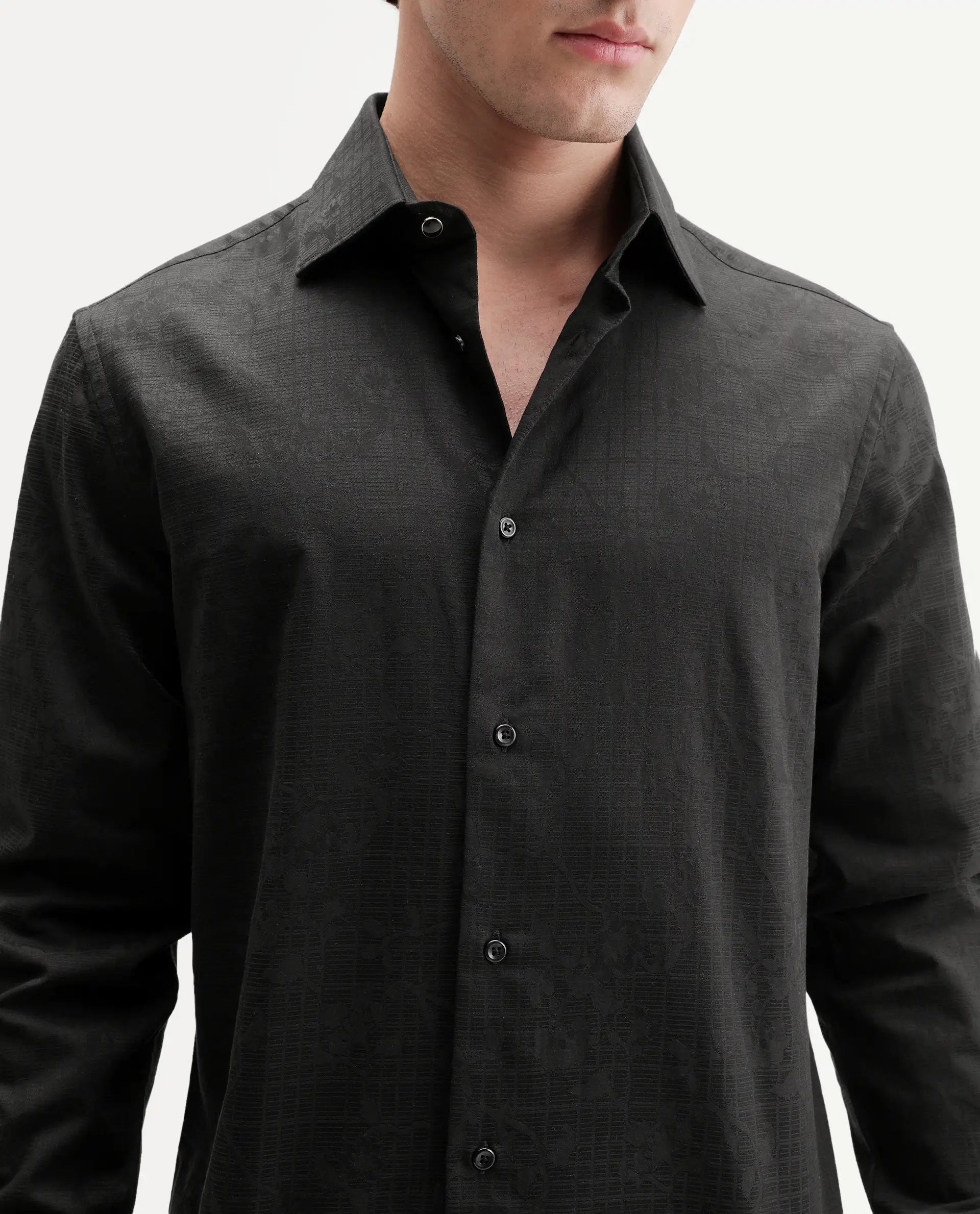 Rare Rabbit Men's Clover Black Cotton Button Regular Fit Jacquard Shirt