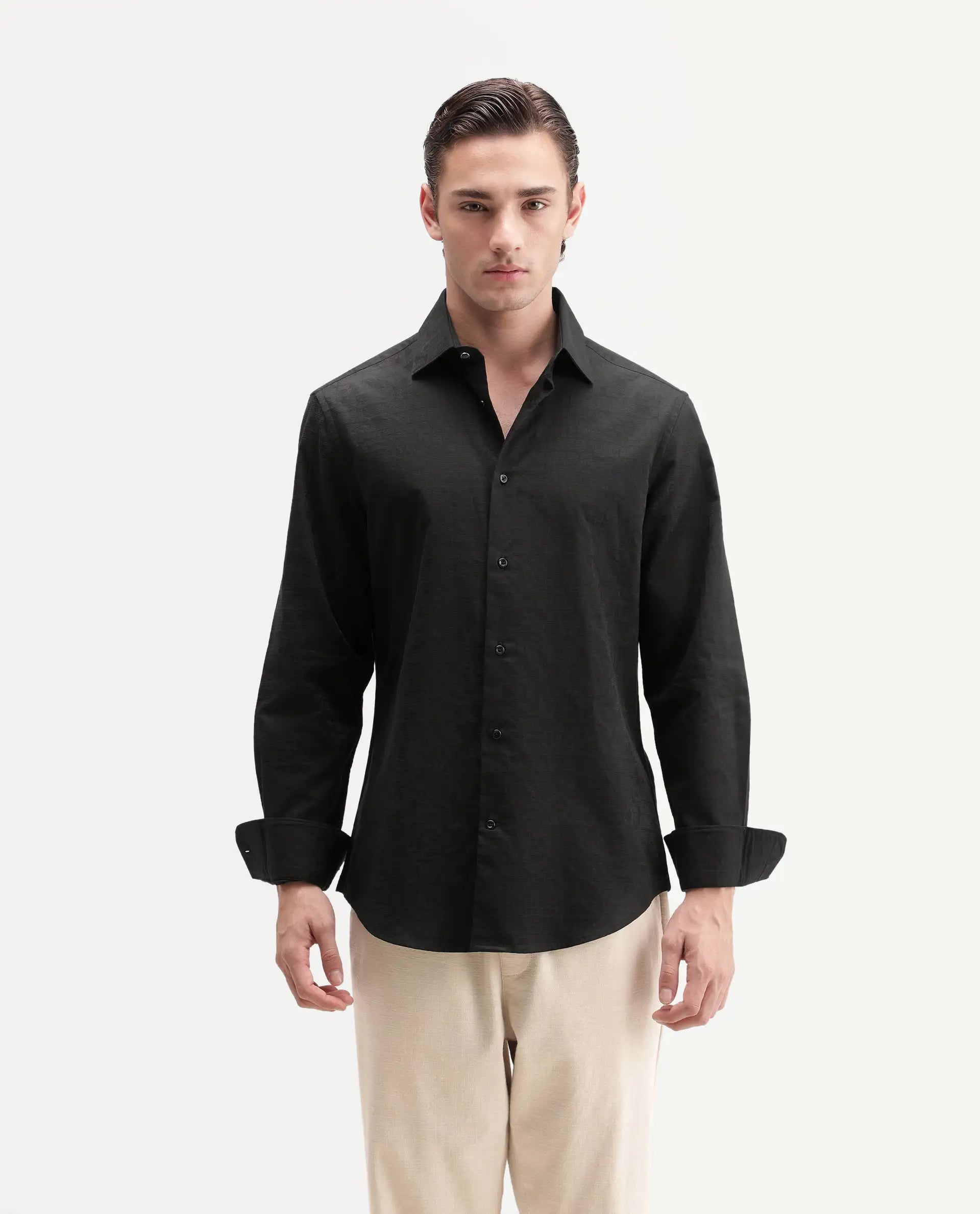 Rare Rabbit Men's Clover Black Cotton Button Regular Fit Jacquard Shirt